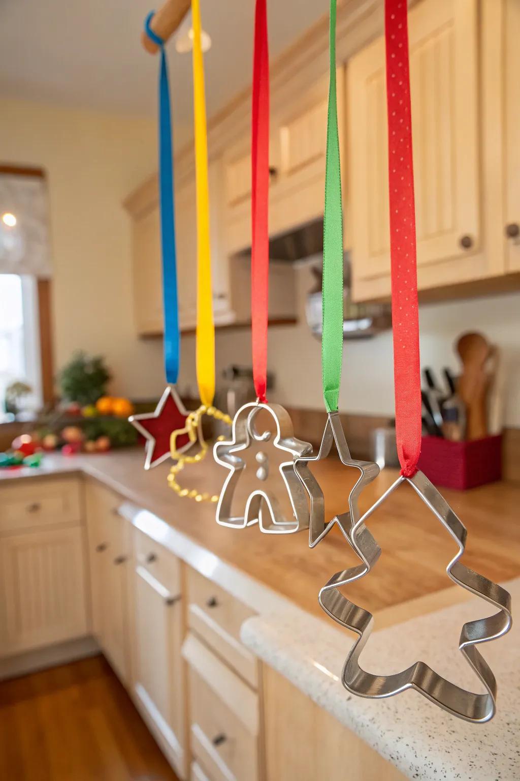 Festive cookie cutters suspended from ornamental bands.