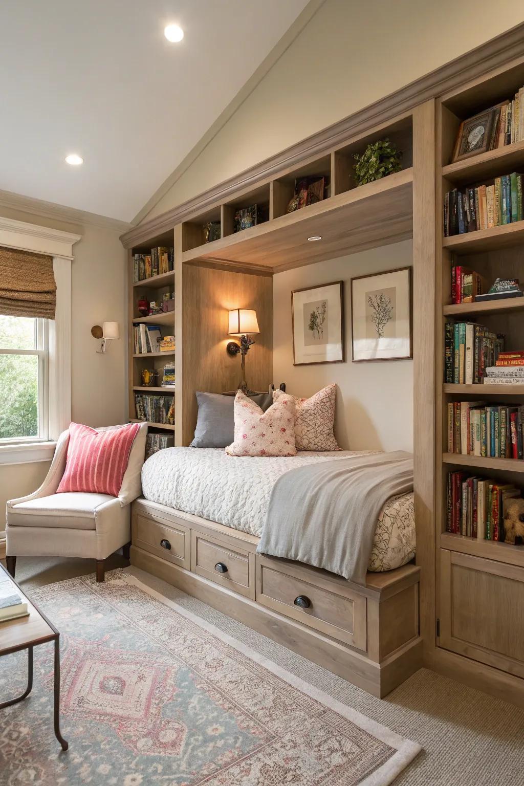 Integrated sleeping nooks provide a private, comfortable retreat for reading and unwinding.
