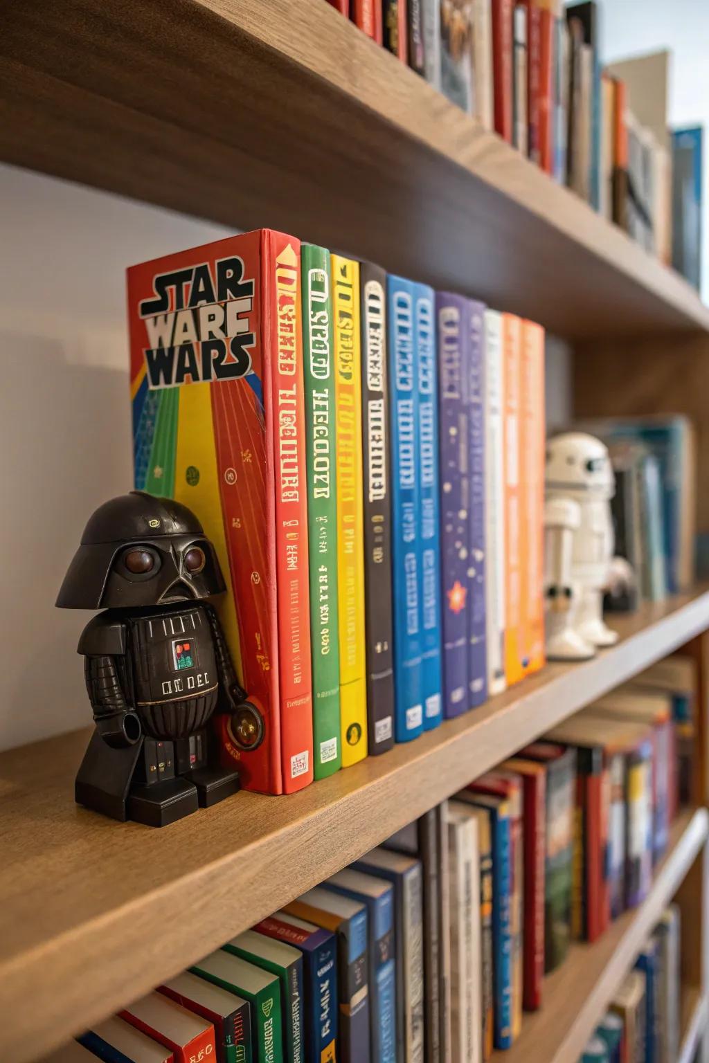 Pop culture bookends add a playful touch for fans