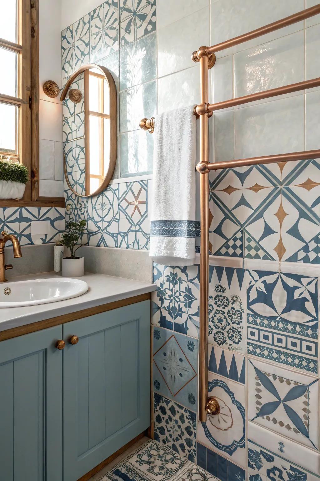 Patterned tiles enhance the appeal of copper features.