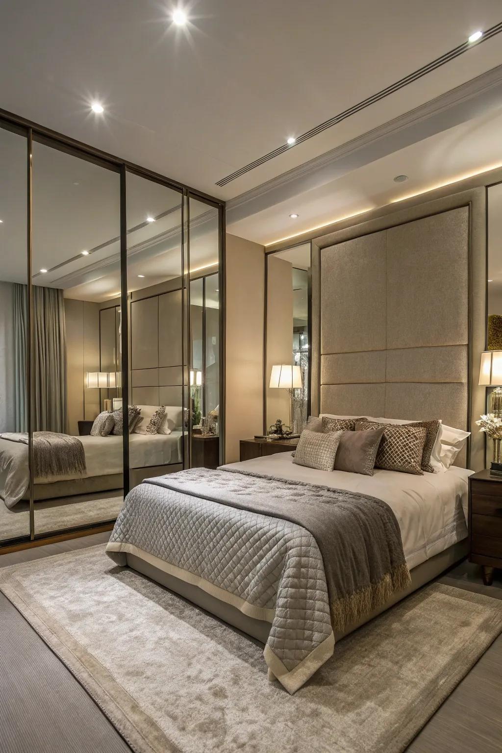 Mirrors amplify light and space surrounding a corner bed.