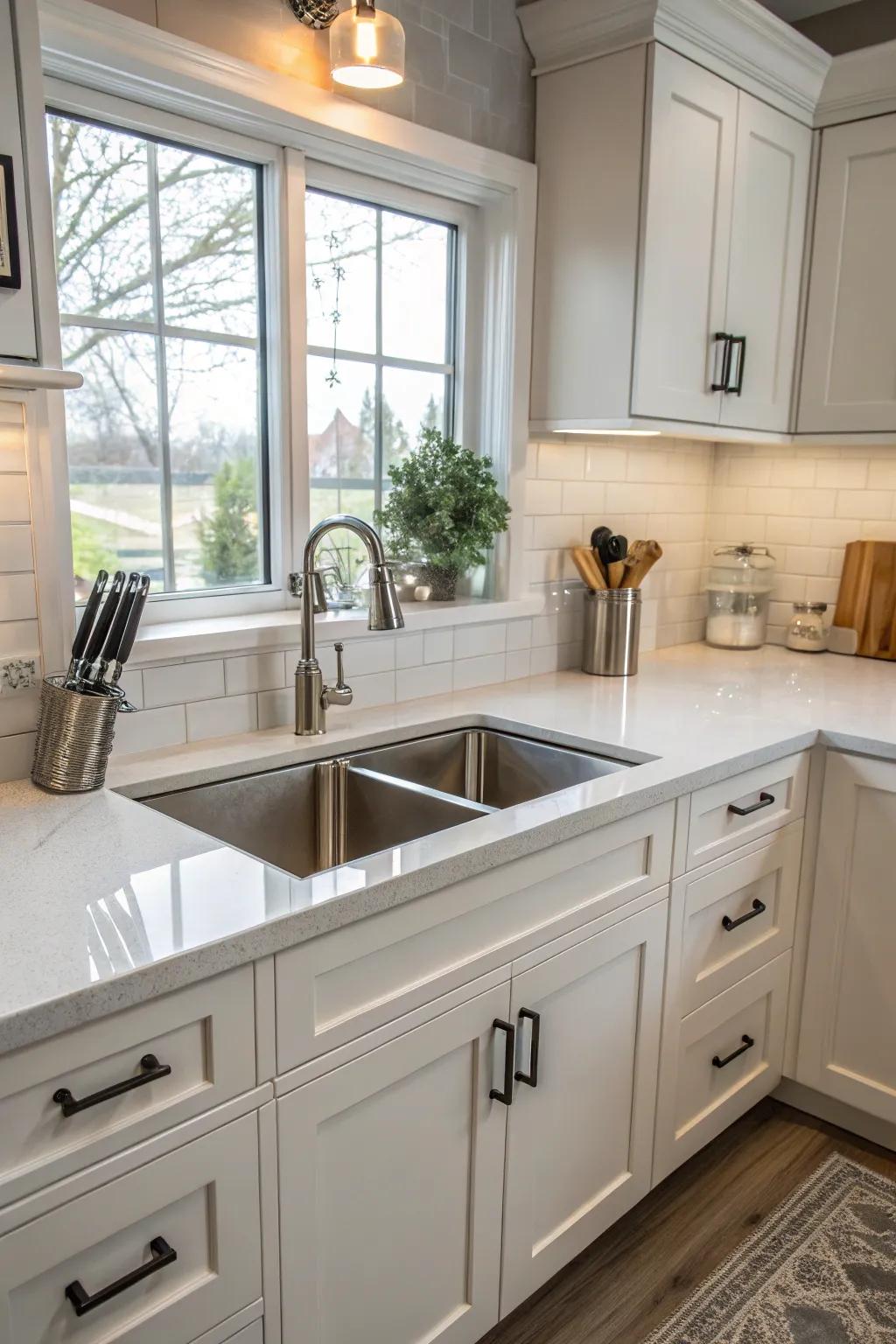 Symmetrical design elements around a corner kitchen sink for a balanced look.
