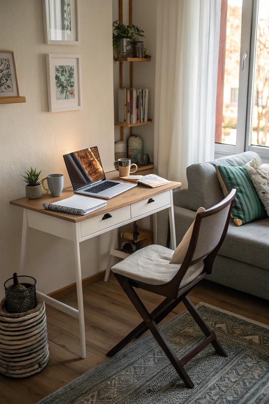 A corner desk turns the space into a small and efficient workspace.