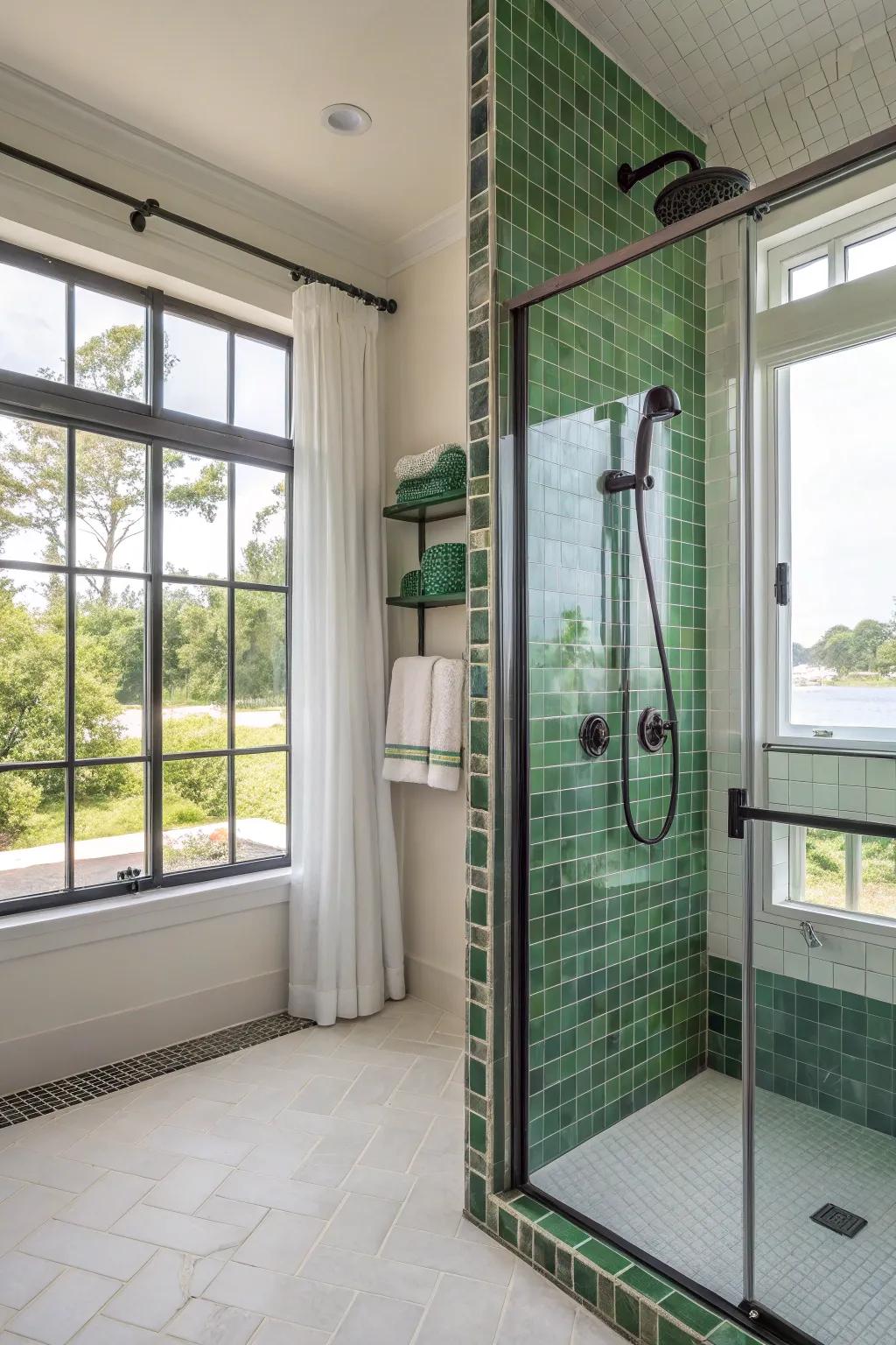 Green feature tiles give a revitalizing and energetic sensation to your shower.