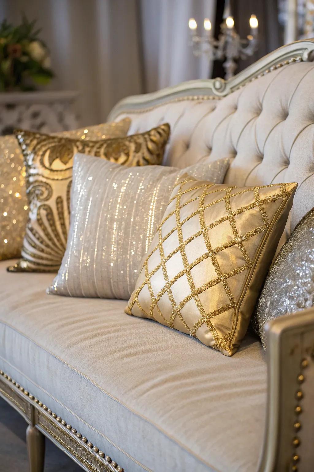 Opulent cushions add a hint of glamour to the room.