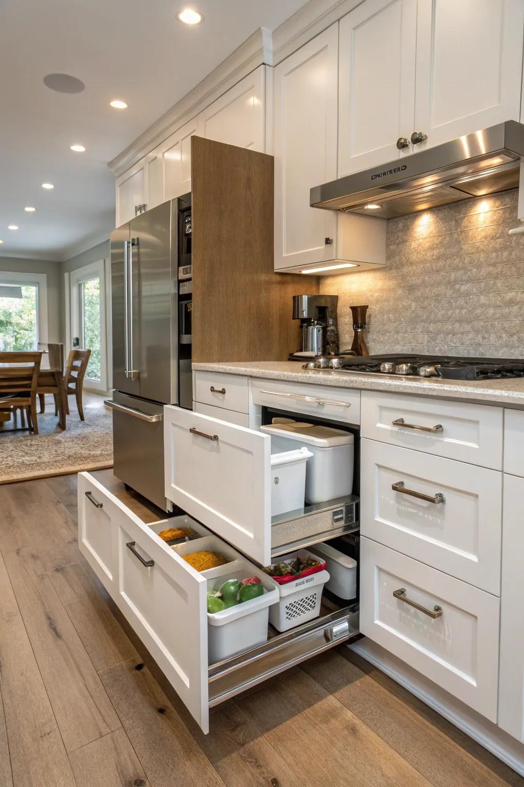 Smart hidden storage in end caps, keeping your kitchen uncluttered.