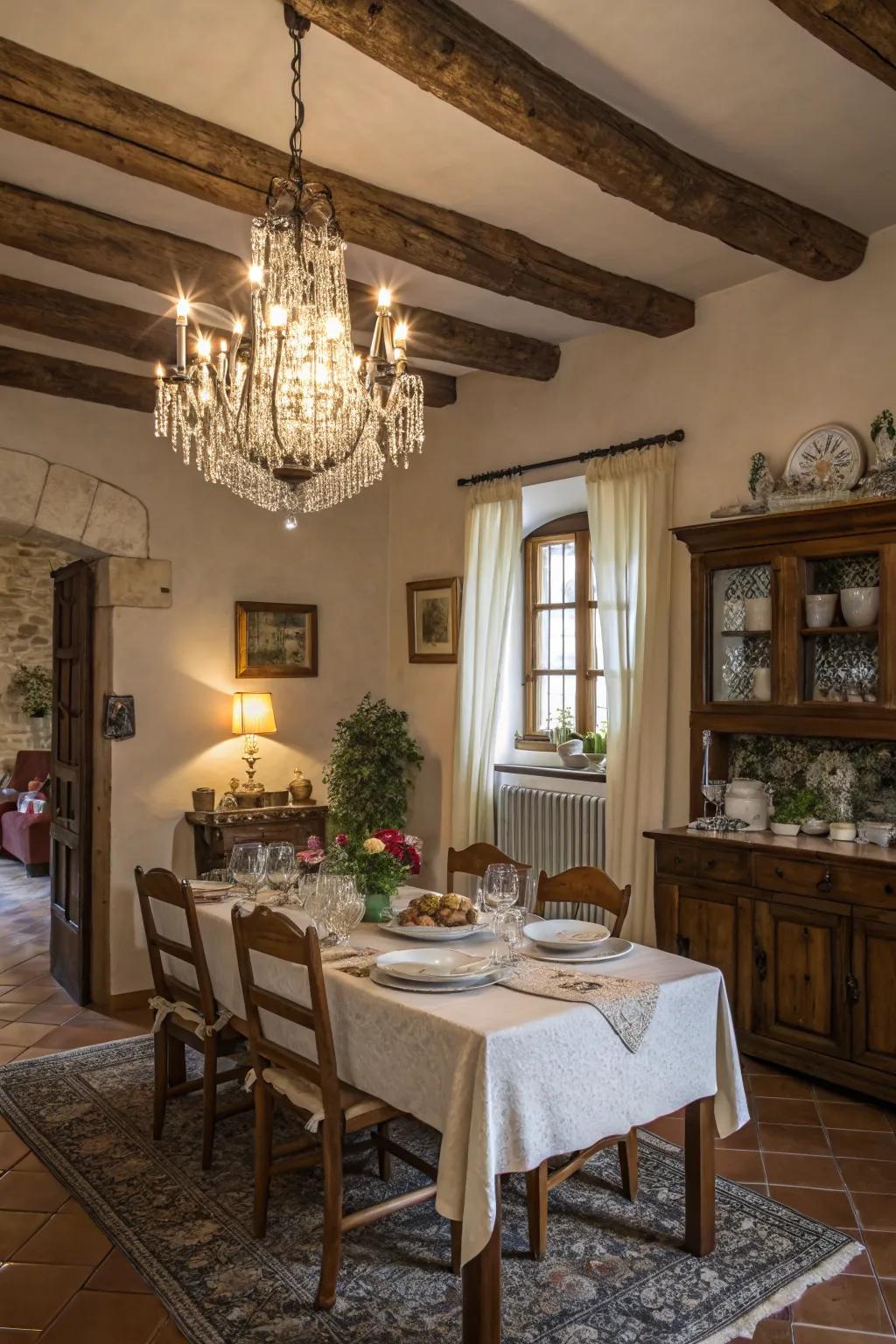 A dining area featuring a chandelier providing warm, soft lighting.