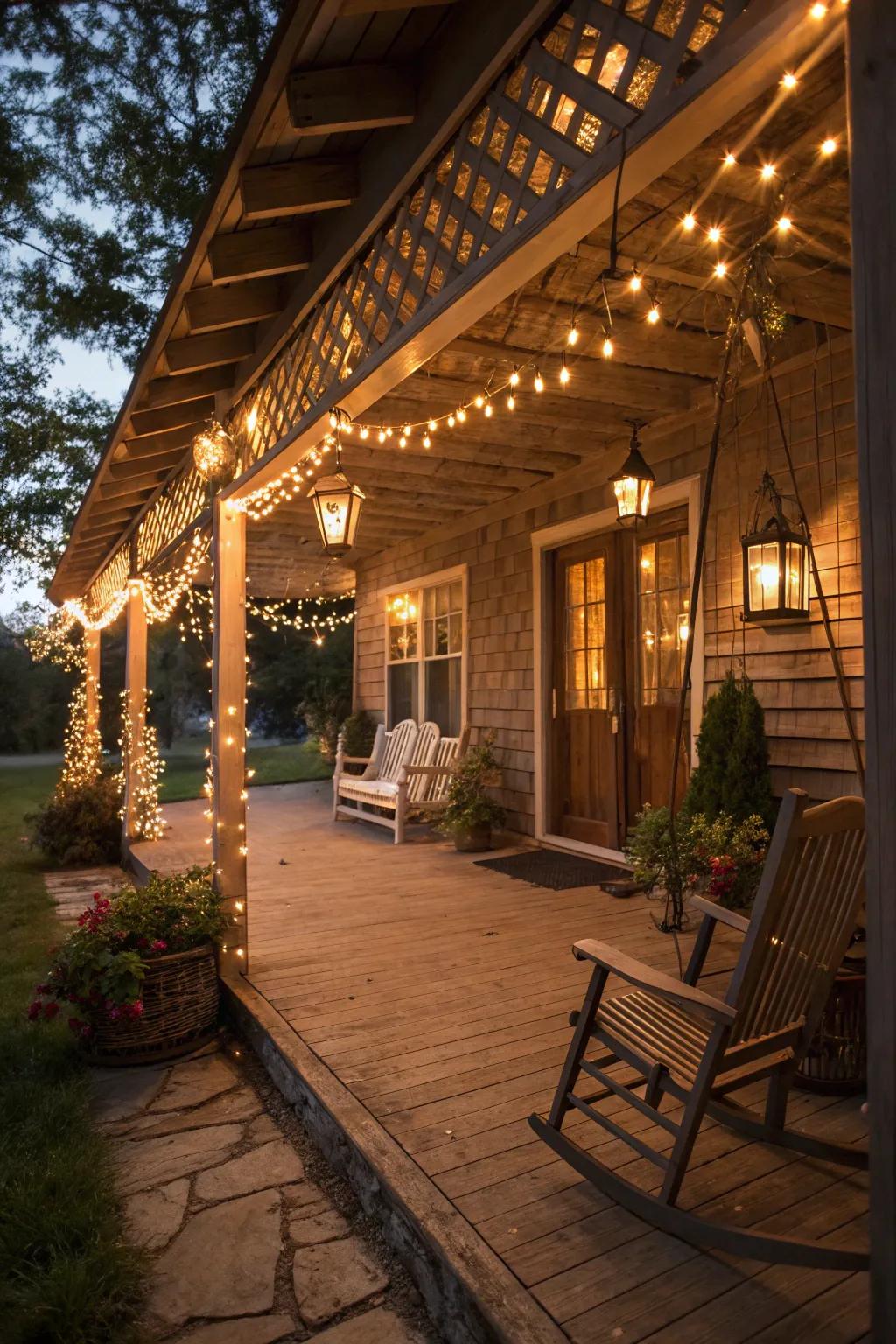 Comfortable lighting establishes a cozy atmosphere for evenings on the porch.
