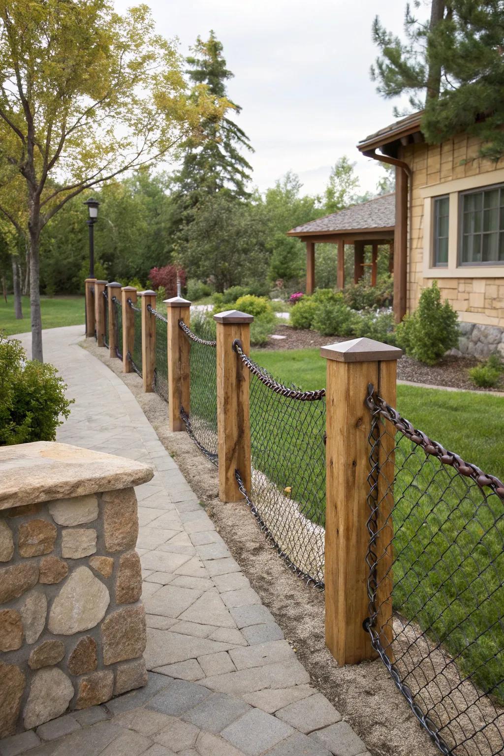 Stone, timber, and steel wire come together for a fence that’s both lovely and strong.