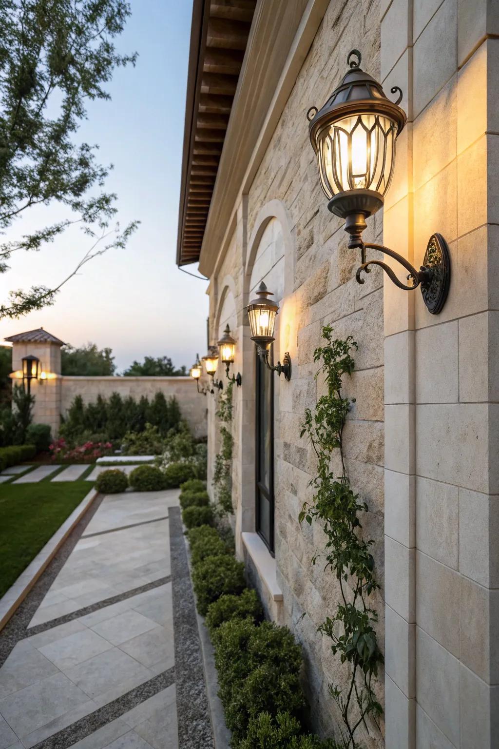 Wall-mounted brights add class and safety to the patio.