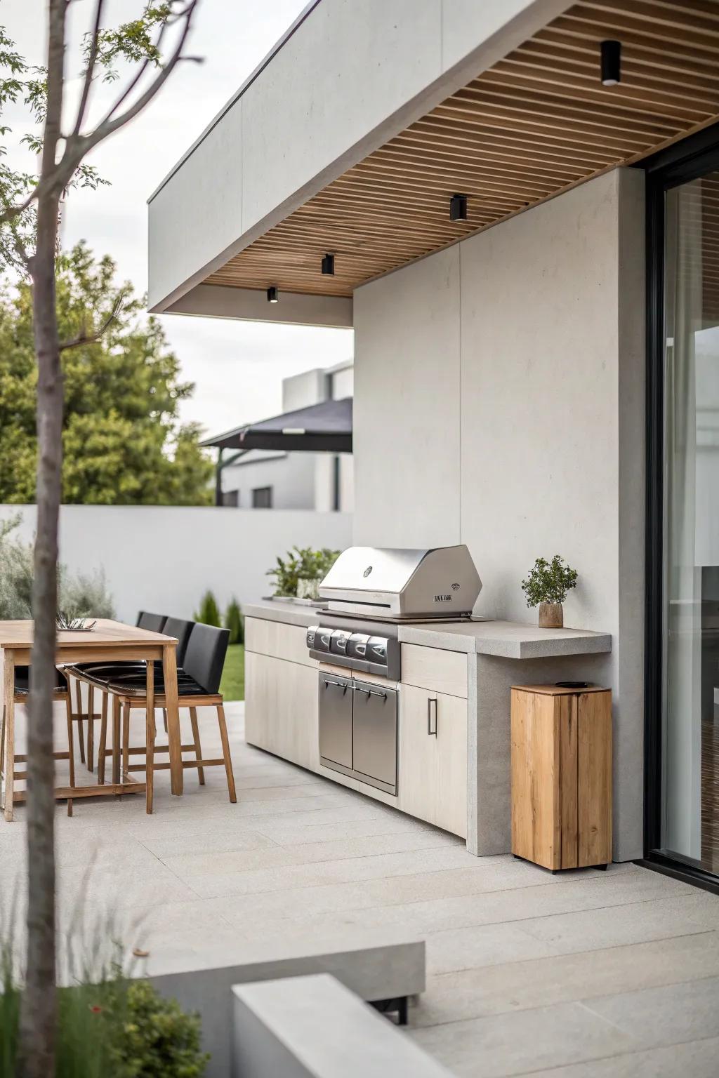 A modern minimalist design offers a sleek, functional BBQ area.