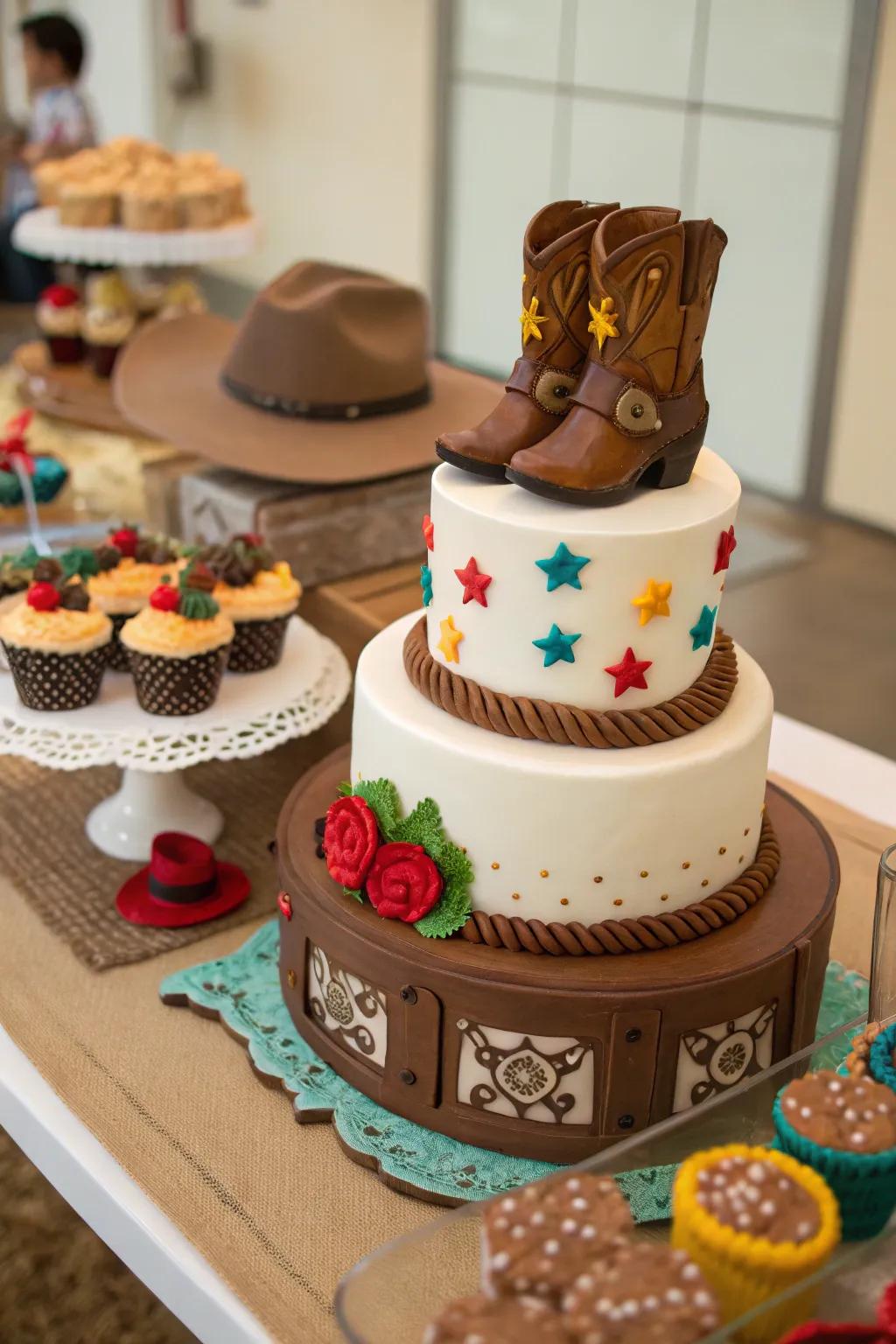 Delight your attendees with a cowboy-themed cake focal piece.