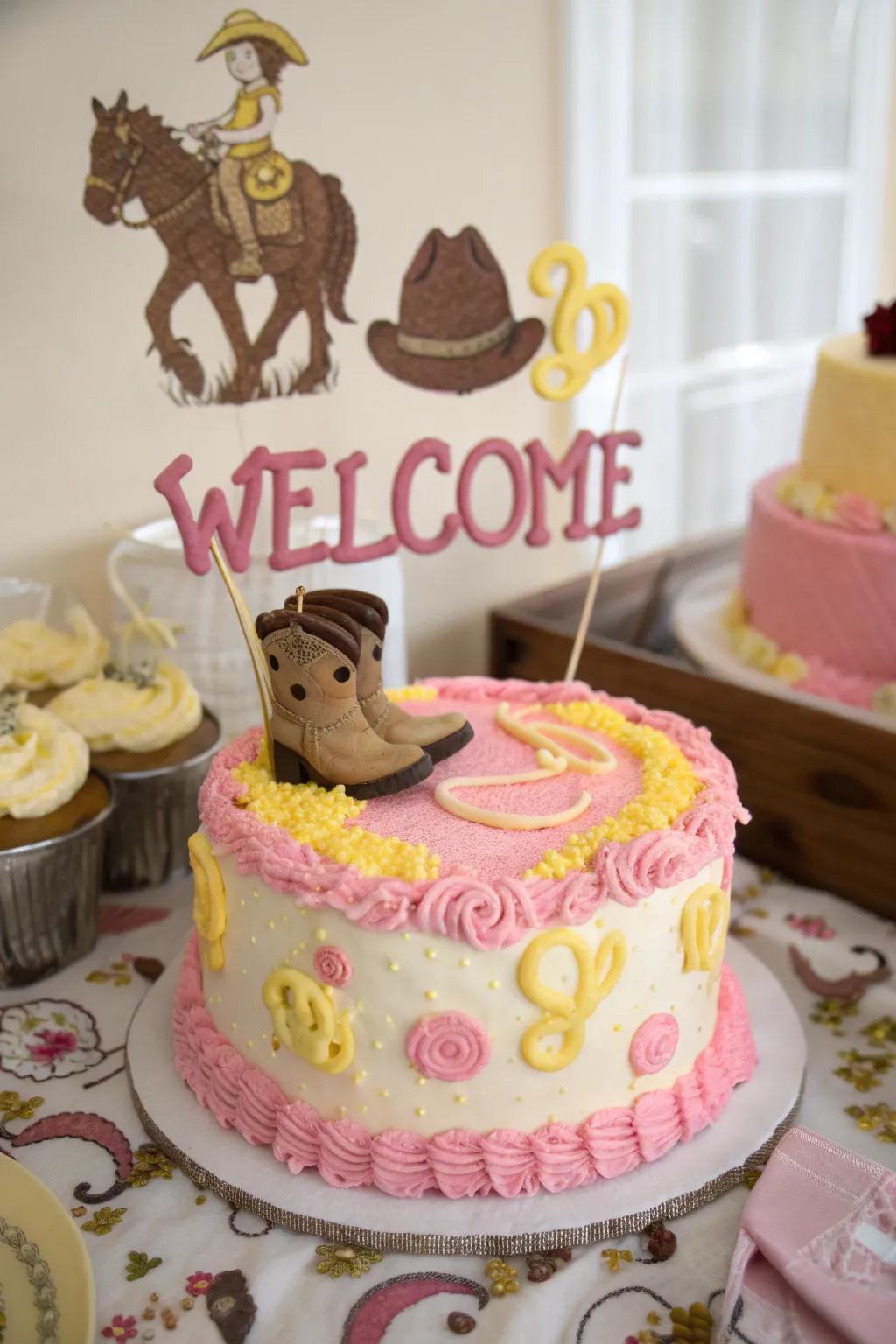 A personalized greeting message makes this cowgirl cake extra special.
