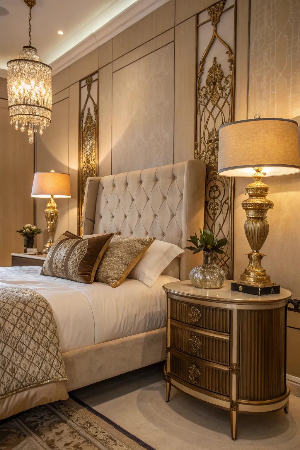 A chic bedroom accented with brass elements and a glow that’s warmly inviting.