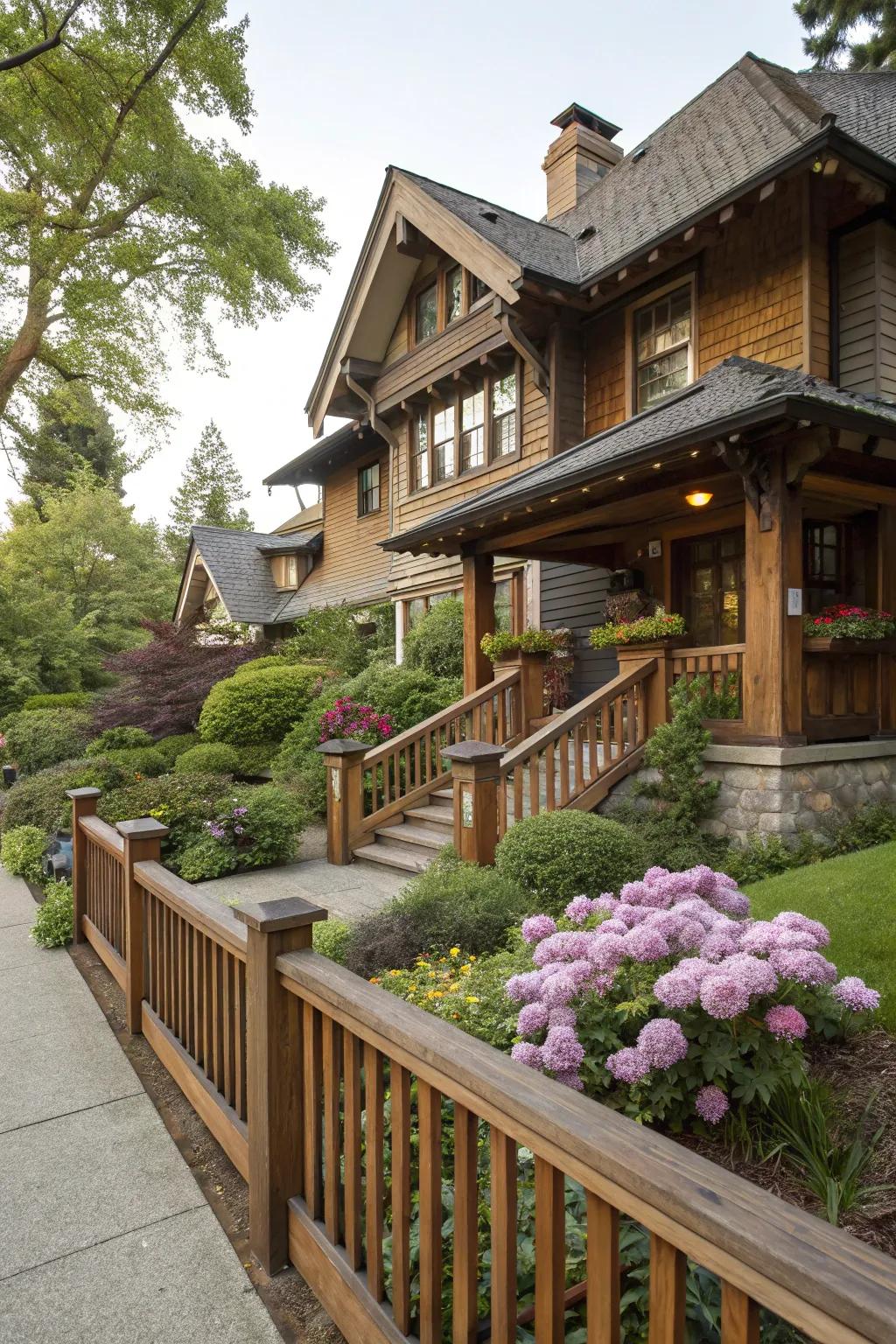 Traditional allure with a classic Craftsman wooden railing.