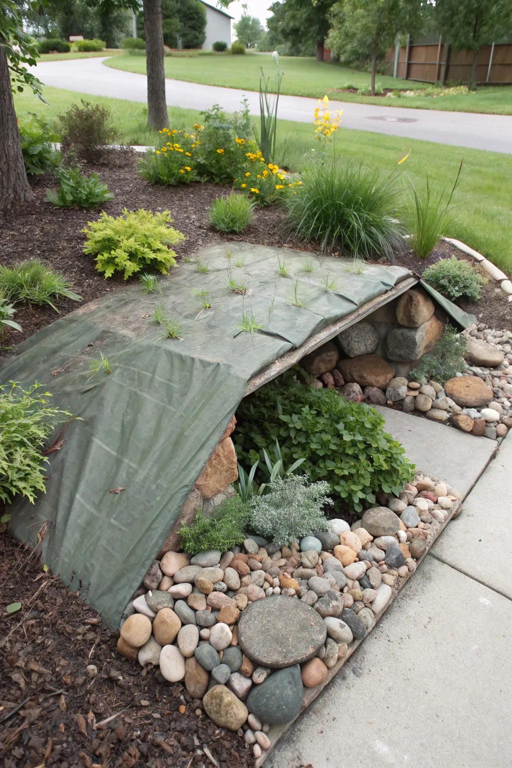 Crawl space door smartly concealed within the garden design.
