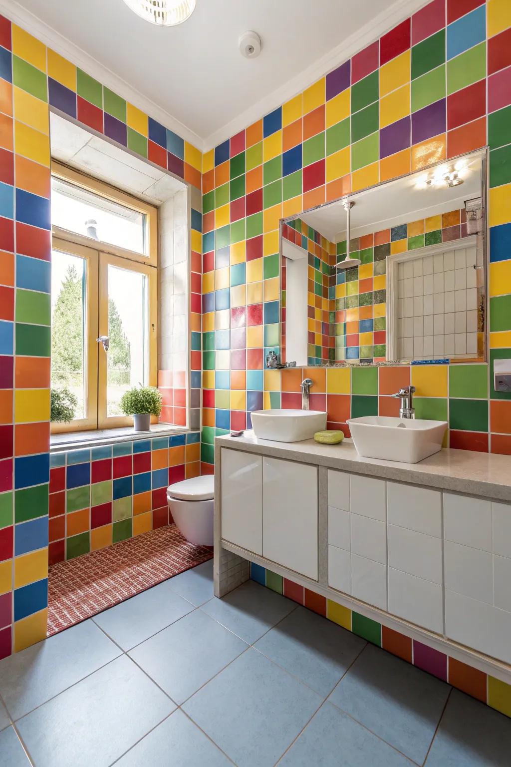 A bathroom with vibrant, multicolored tiles that create a bold statement.