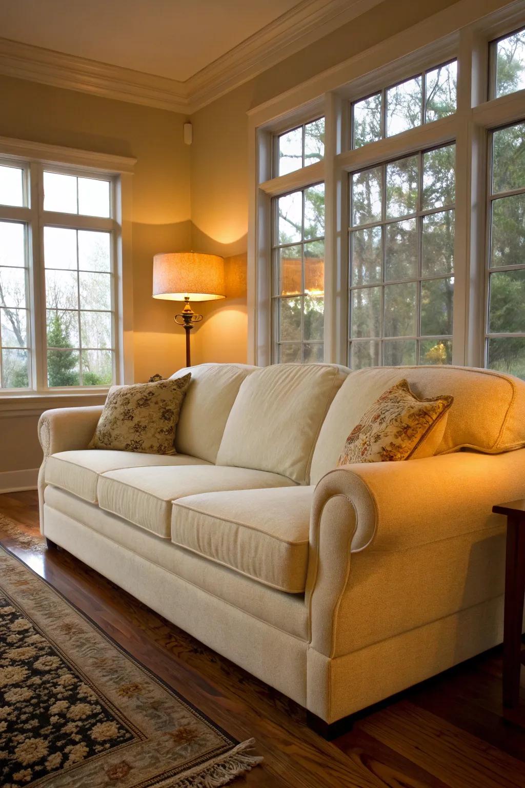 Warm lighting enhances the inviting appeal of a vanilla sofa.