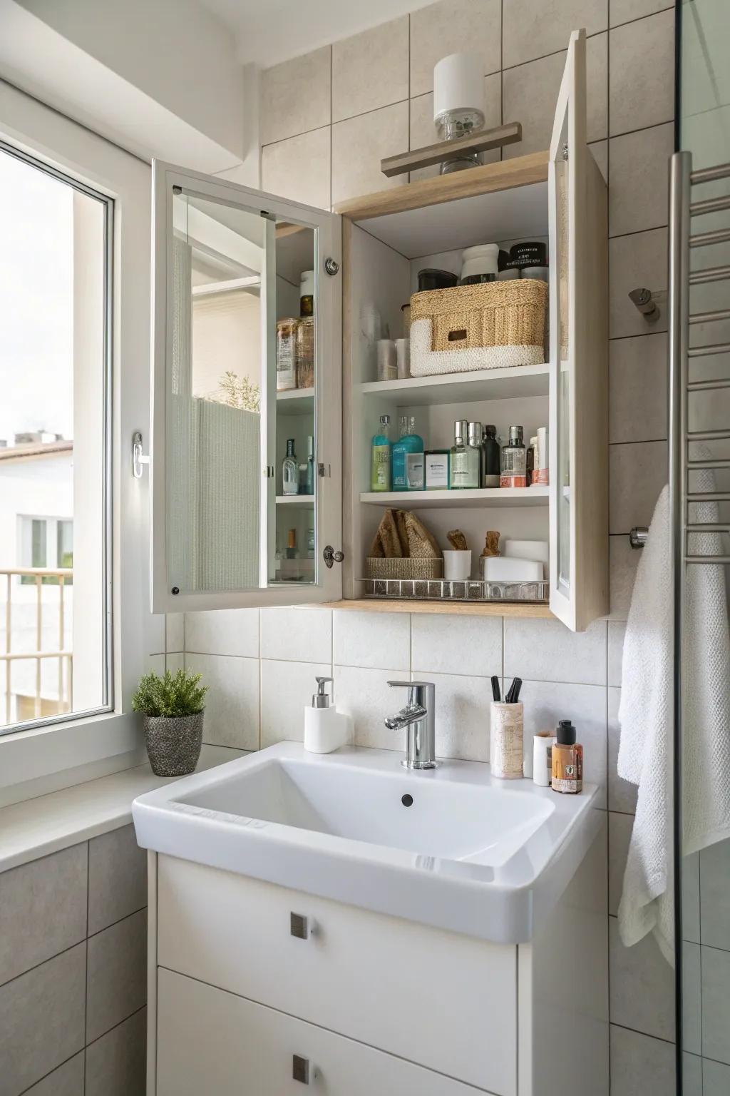 Mirror cabinets artfully conceal clutter behind a reflective surface.