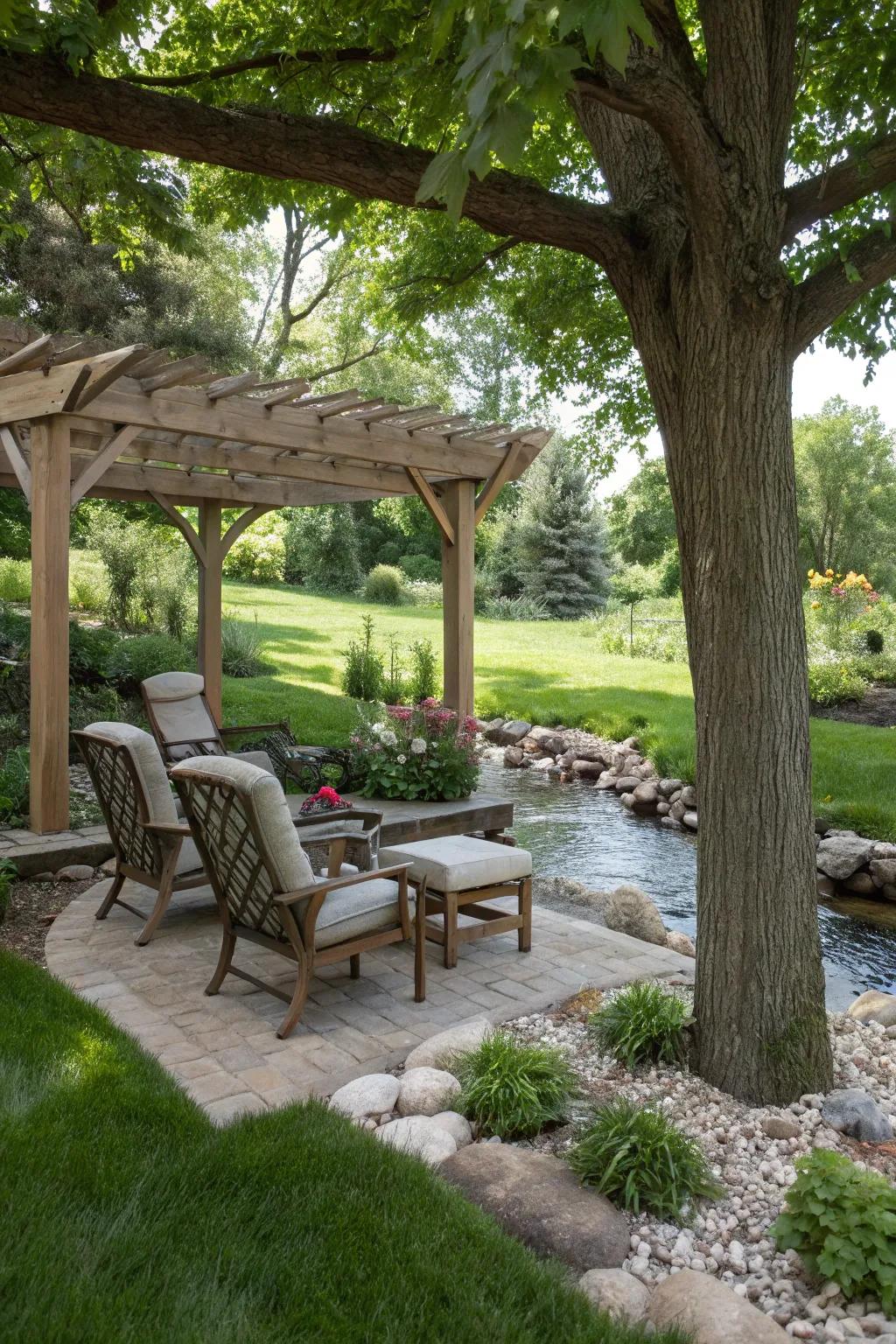 Shaded lounging zones deliver a snug hideaway within your streamside landscape.
