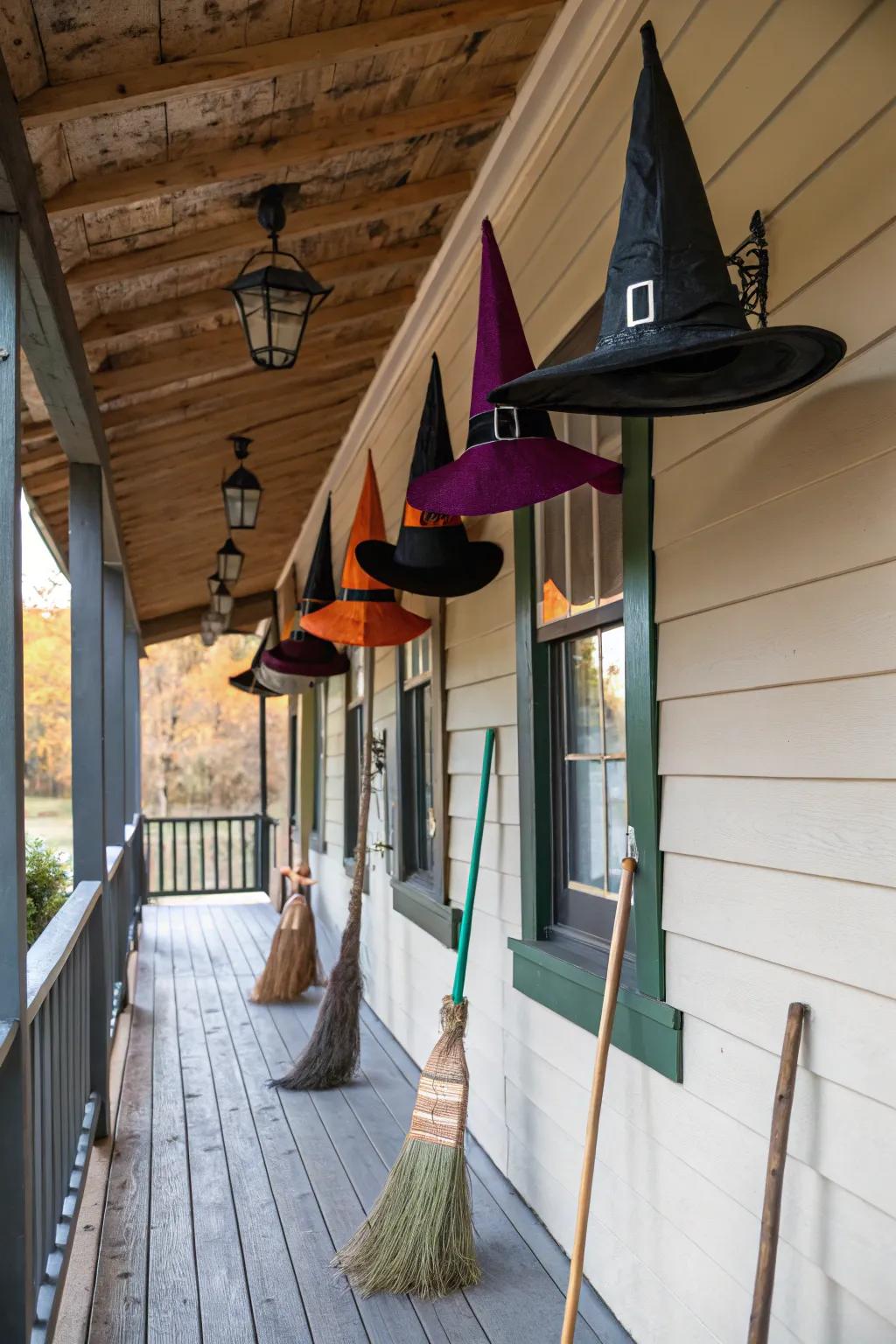 Witch headwear and broomsticks cast a magical spell.