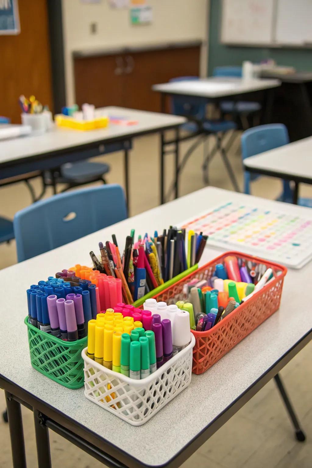 Designated storage for art supplies adds personal flair.