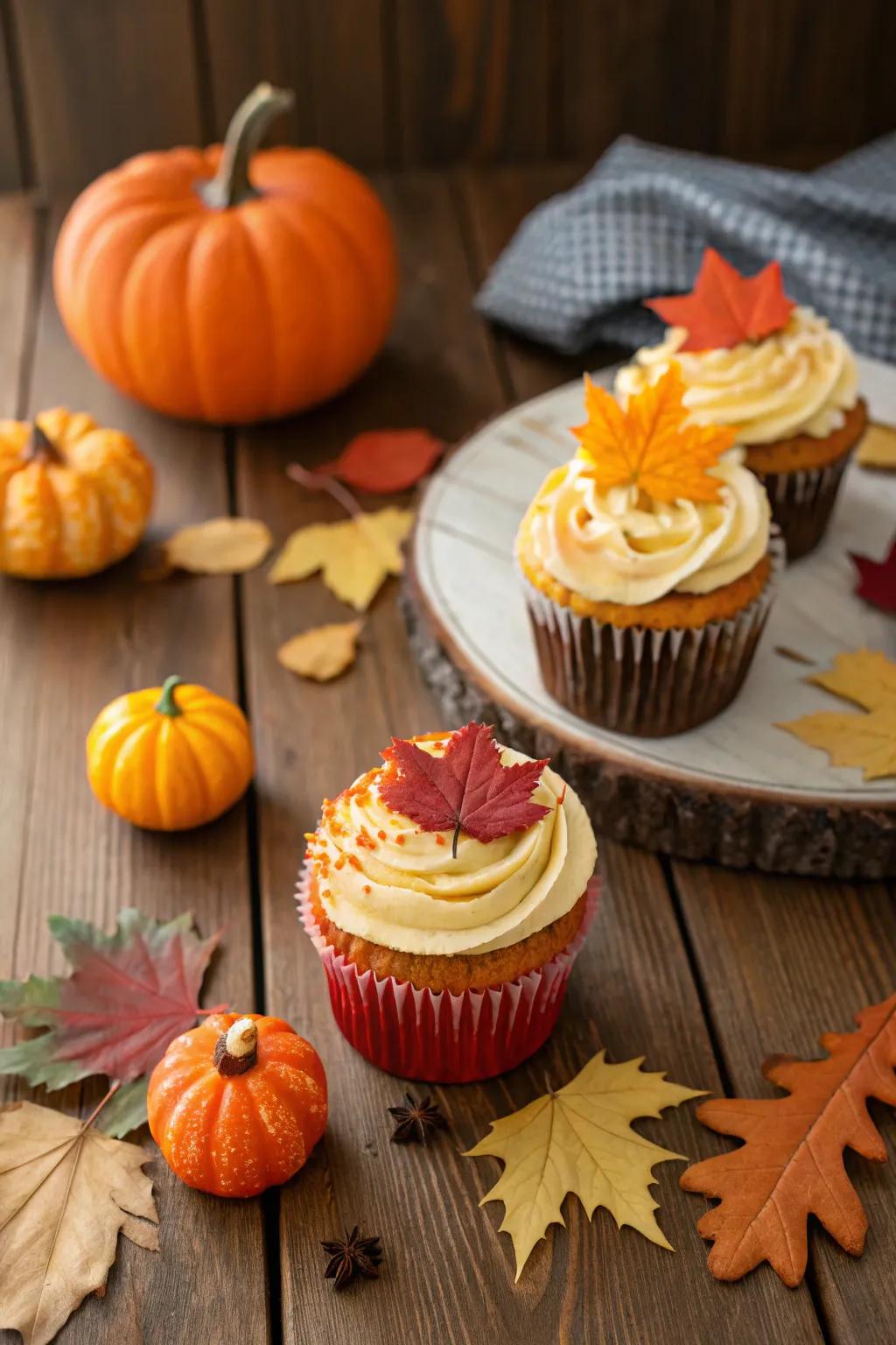 Seasonal accents give the cupcake presentation a festive feel.