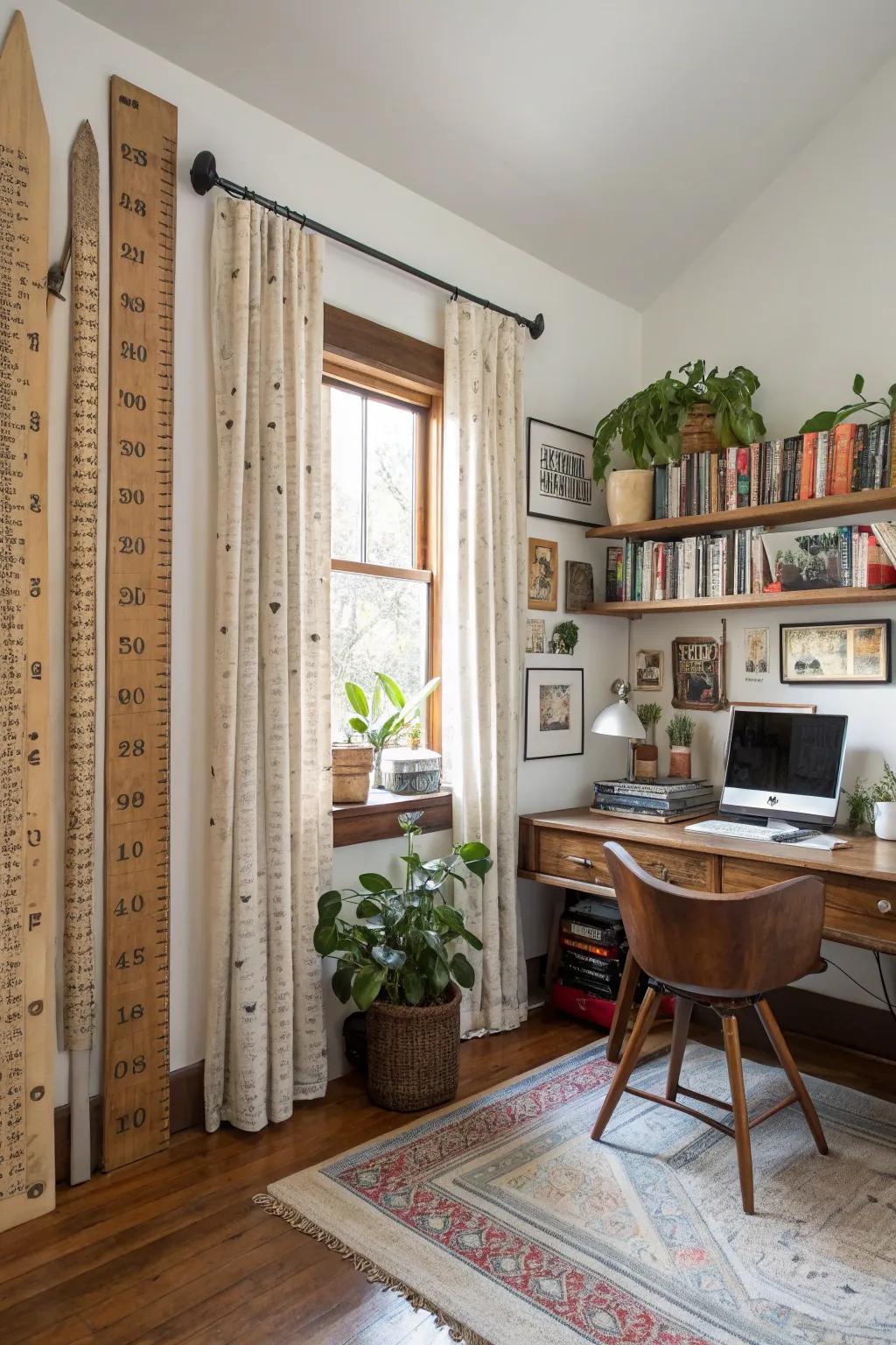 Vintage measuring sticks as curtain rods impart a delightful retro appeal.