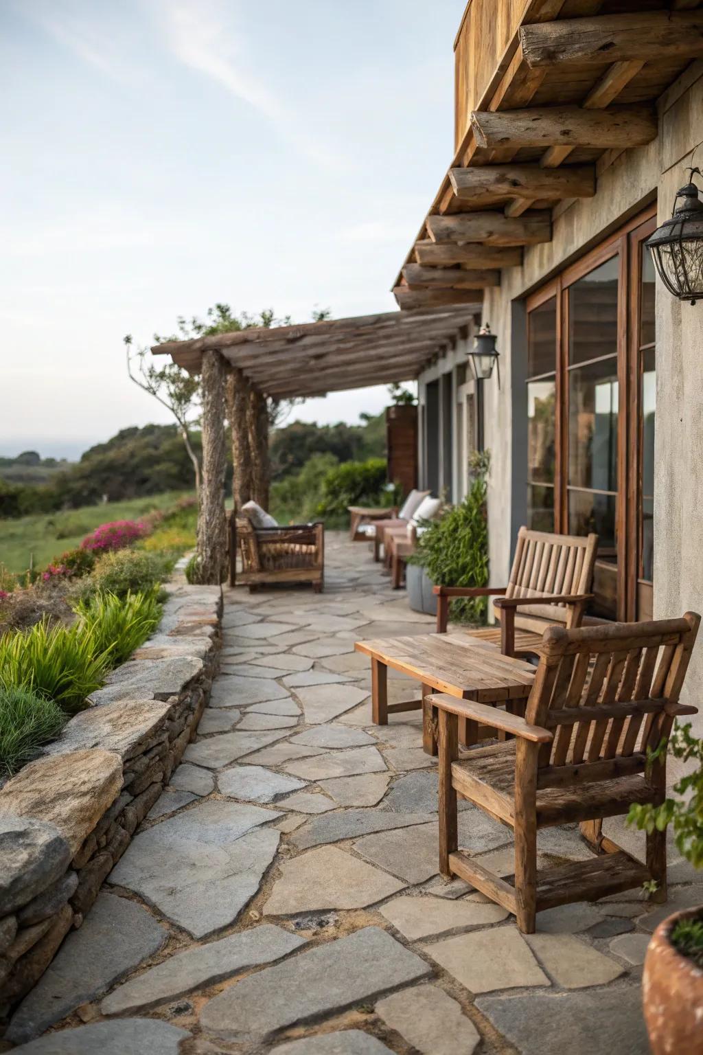 A patio displaying a harmonious mix of stone and timber for a textured look.