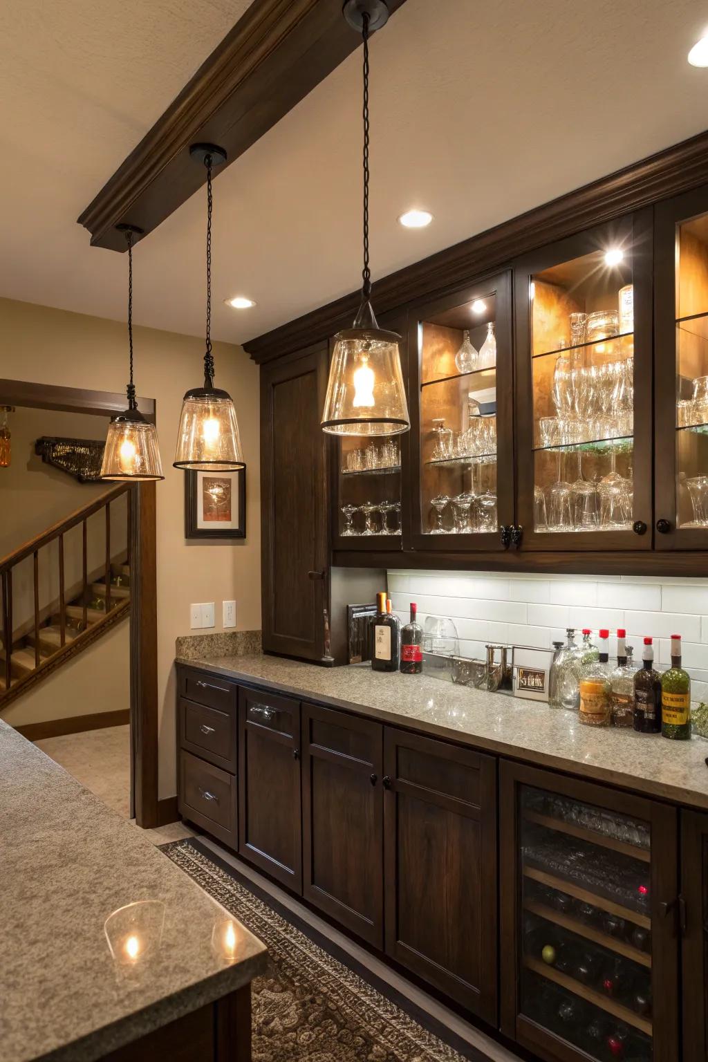 Ambient lighting enhances the mood of this home bar.