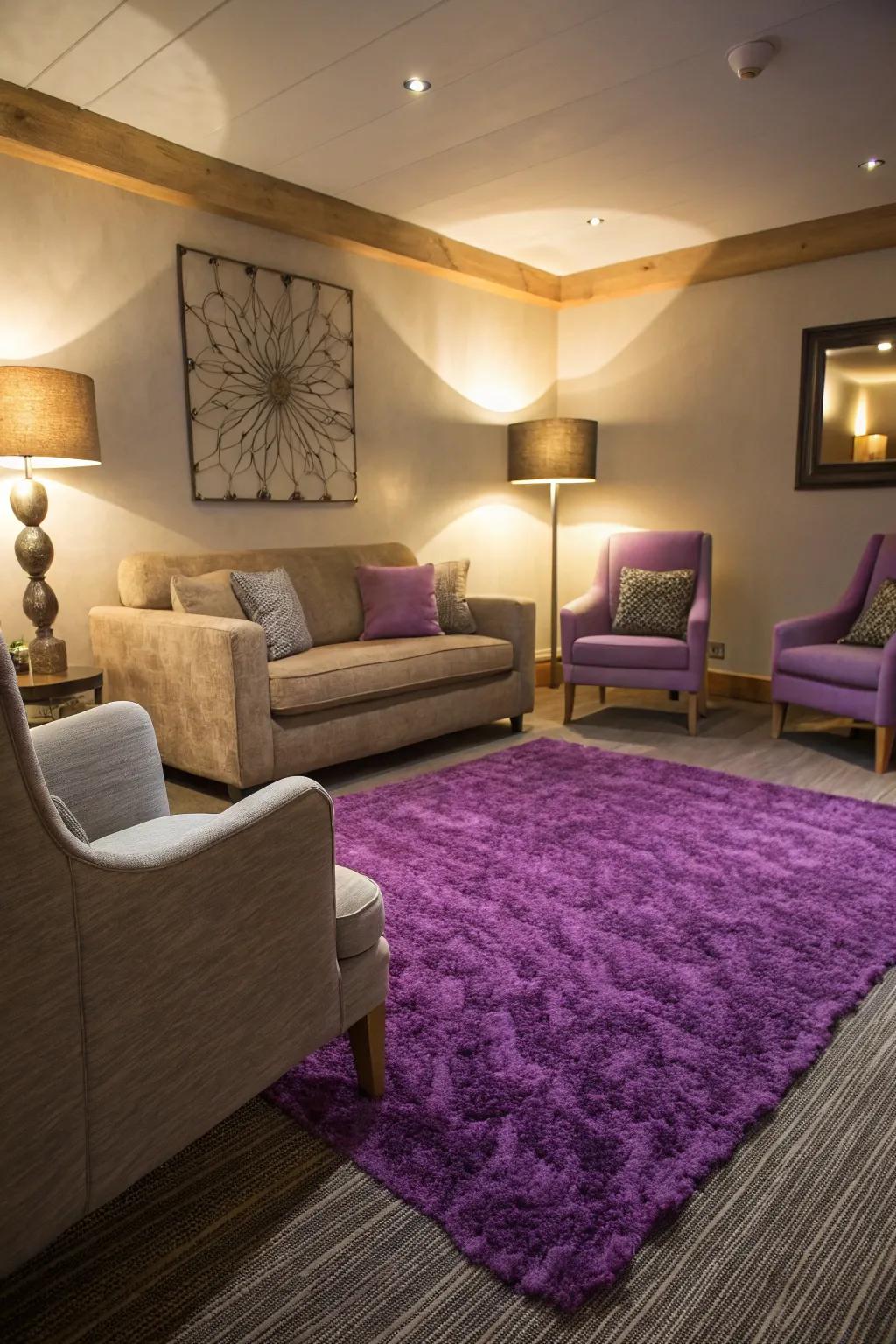 A statement amethyst rug grounding the space.