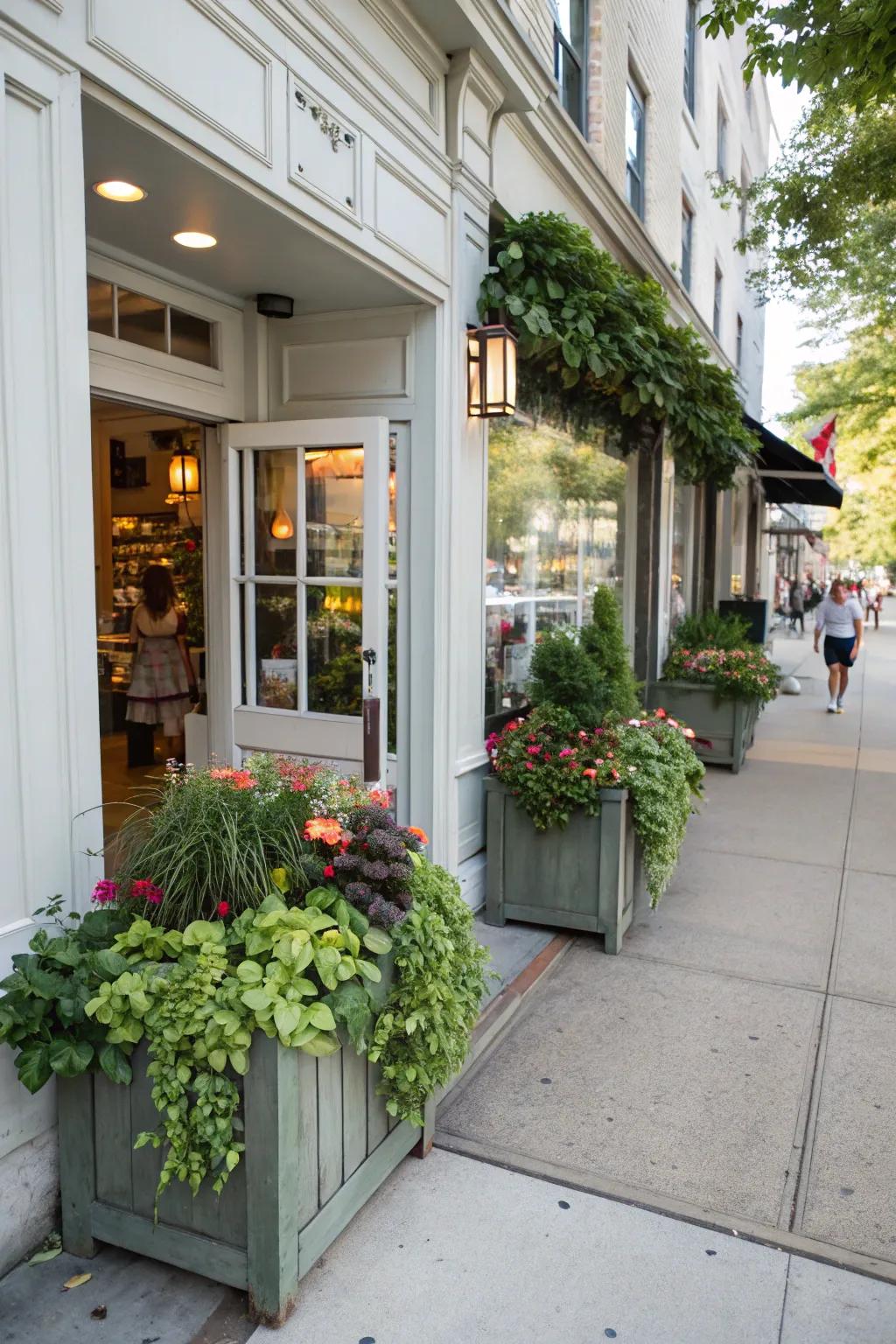 A shopfront entrance framed by rich planter boxes, adding a natural touch.