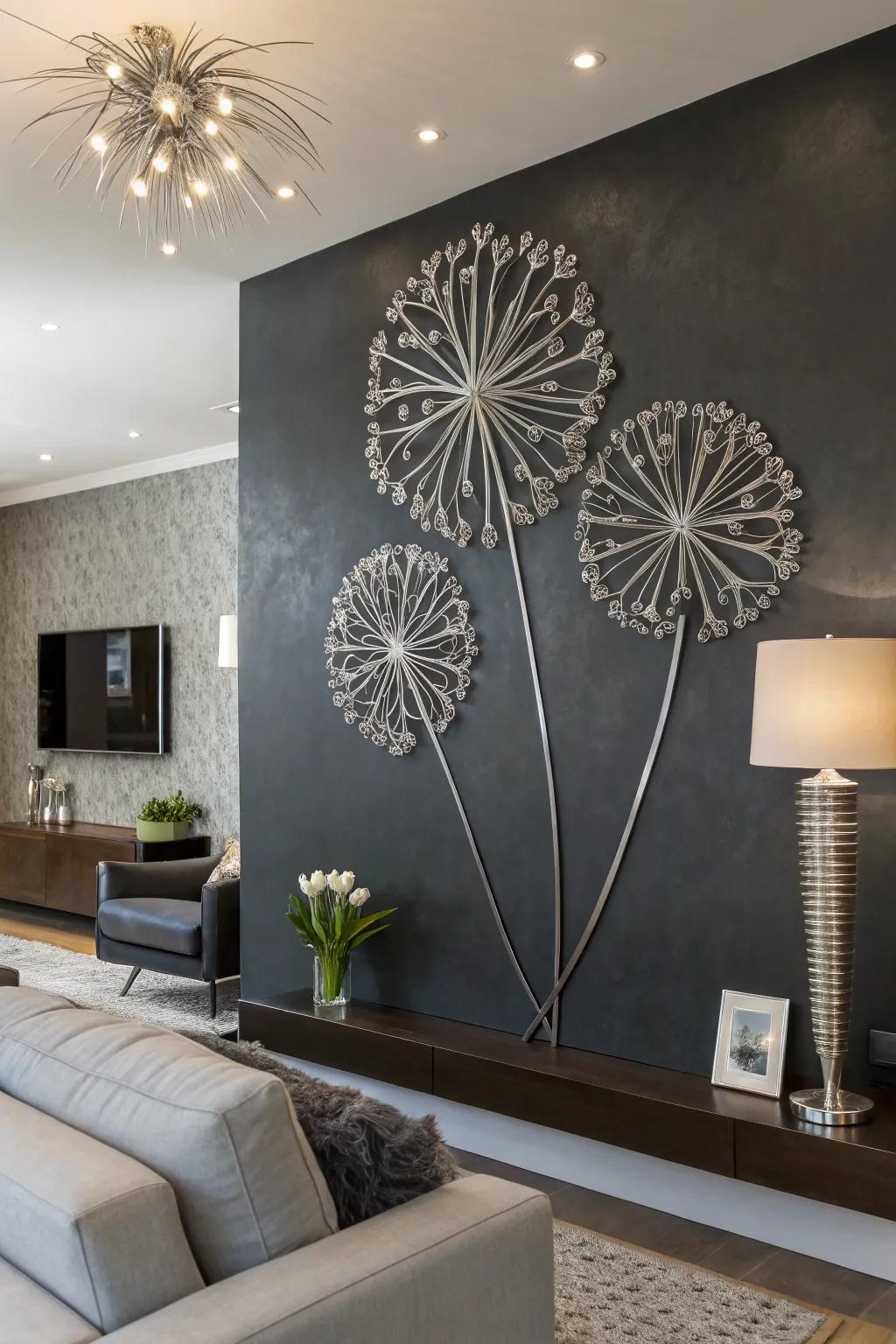 Metallic wall art provides a modern twist to dandelion decor.