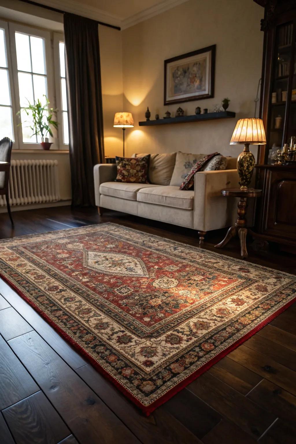 Oriental rugs deliver hue and warmth to the sitting room.