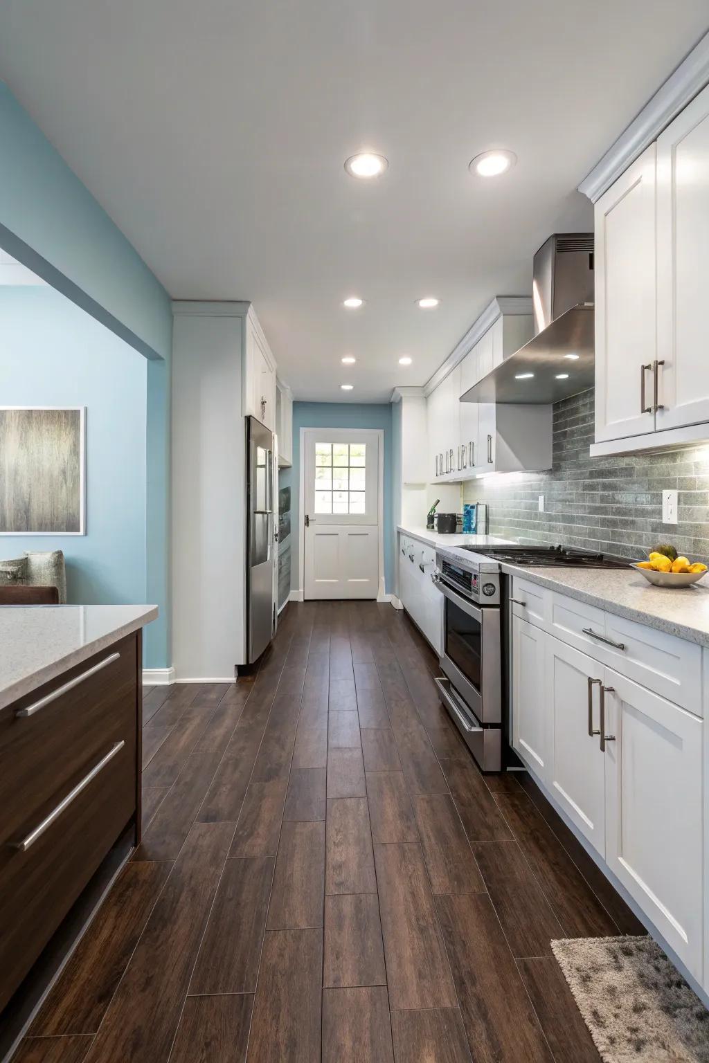 Light smoky blue walls add a chic and modern touch.