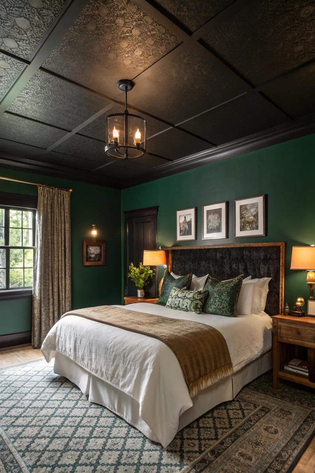 A charcoal overhead space paired with deep green walls crafts a cozy sanctuary.