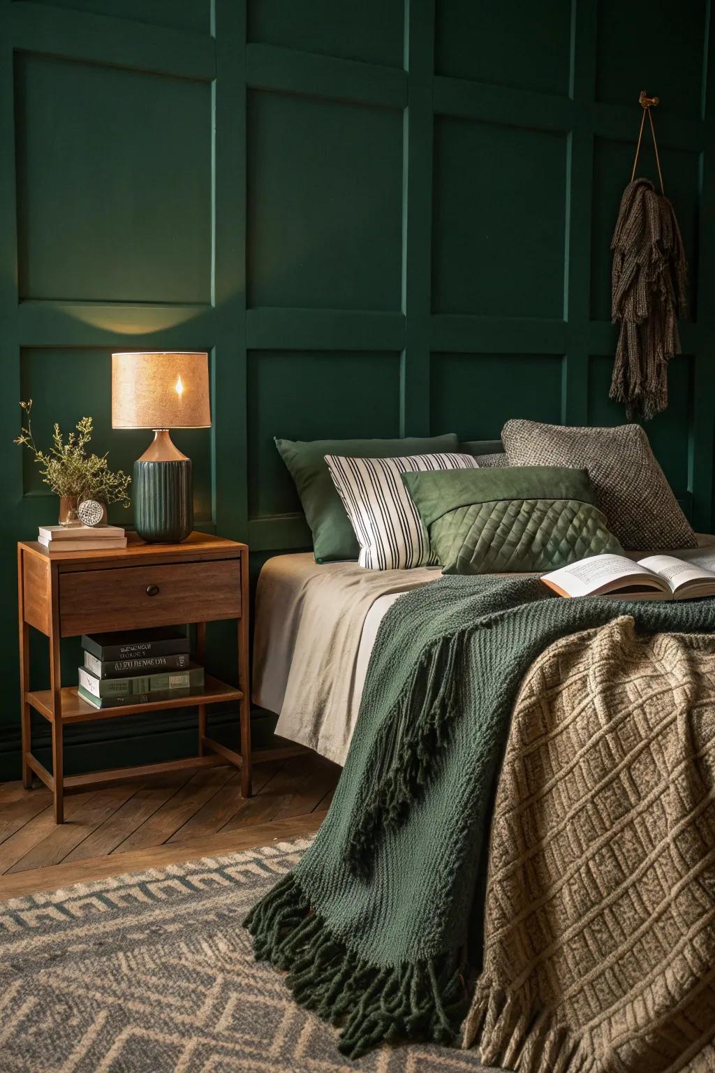 A shadowy jade bedroom featuring textured throws and pillows for added comfort.