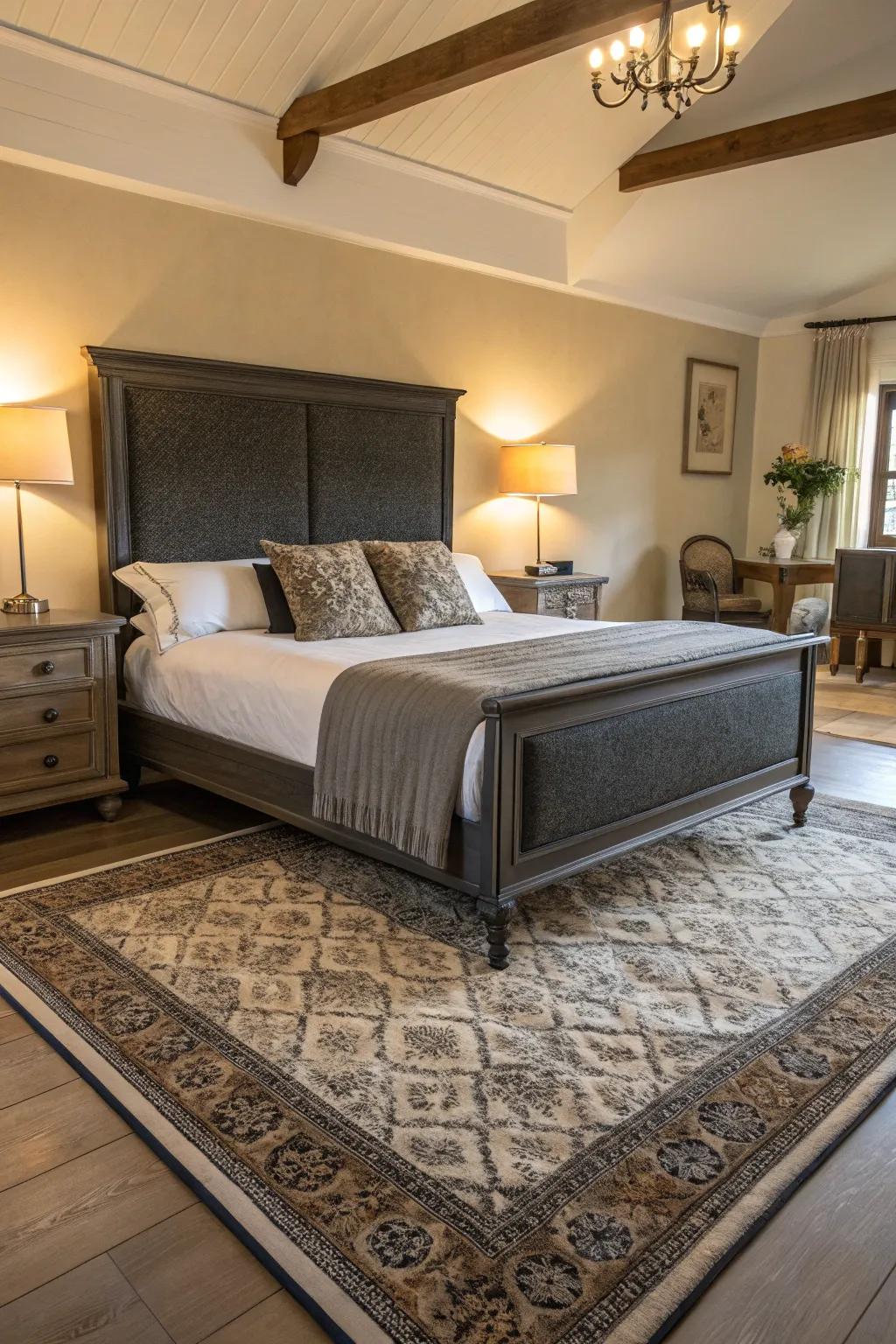 Opulent components improve the beauty of a deep charcoal bedstead.