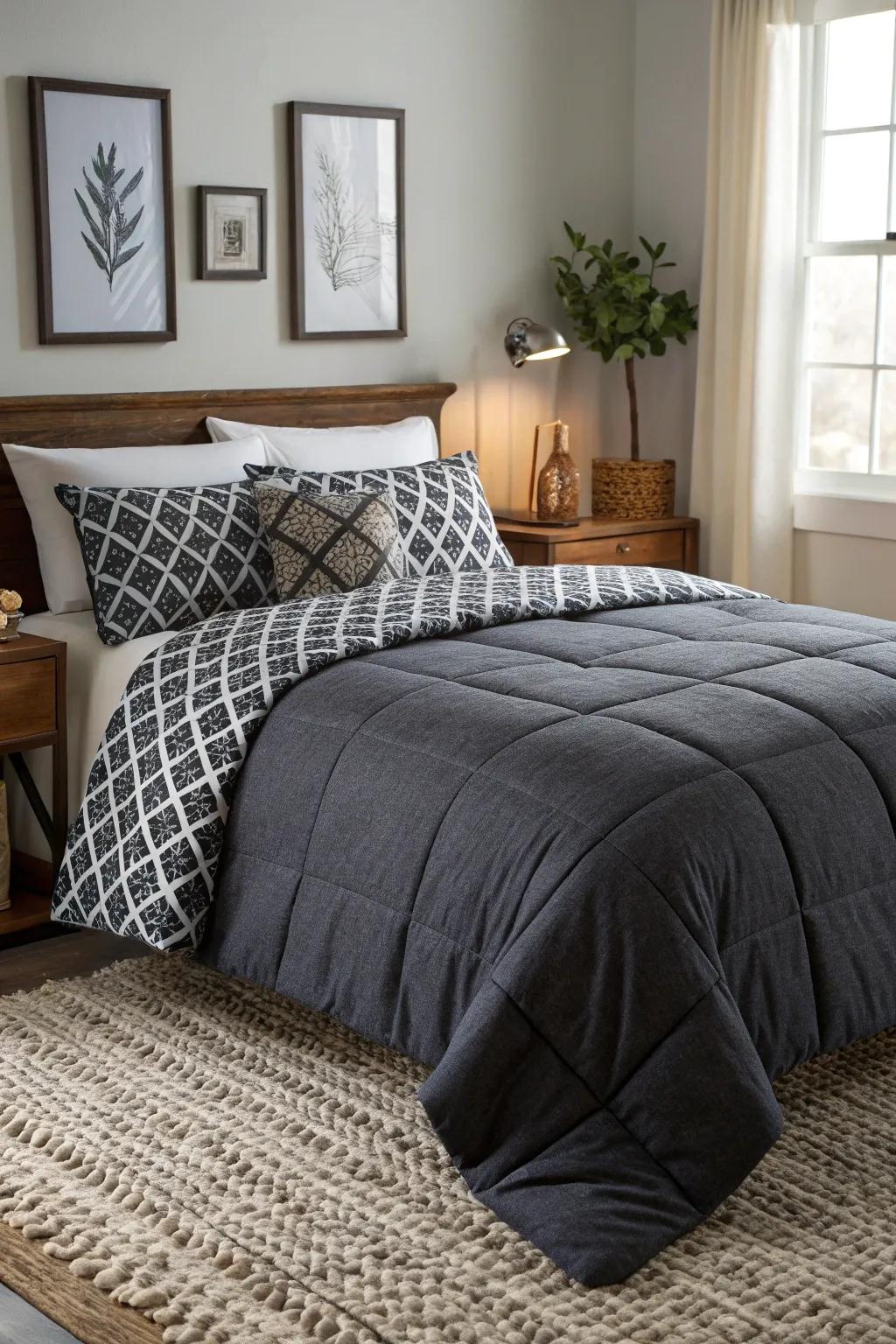 Reversible bedding offers style versatility in your bedroom.