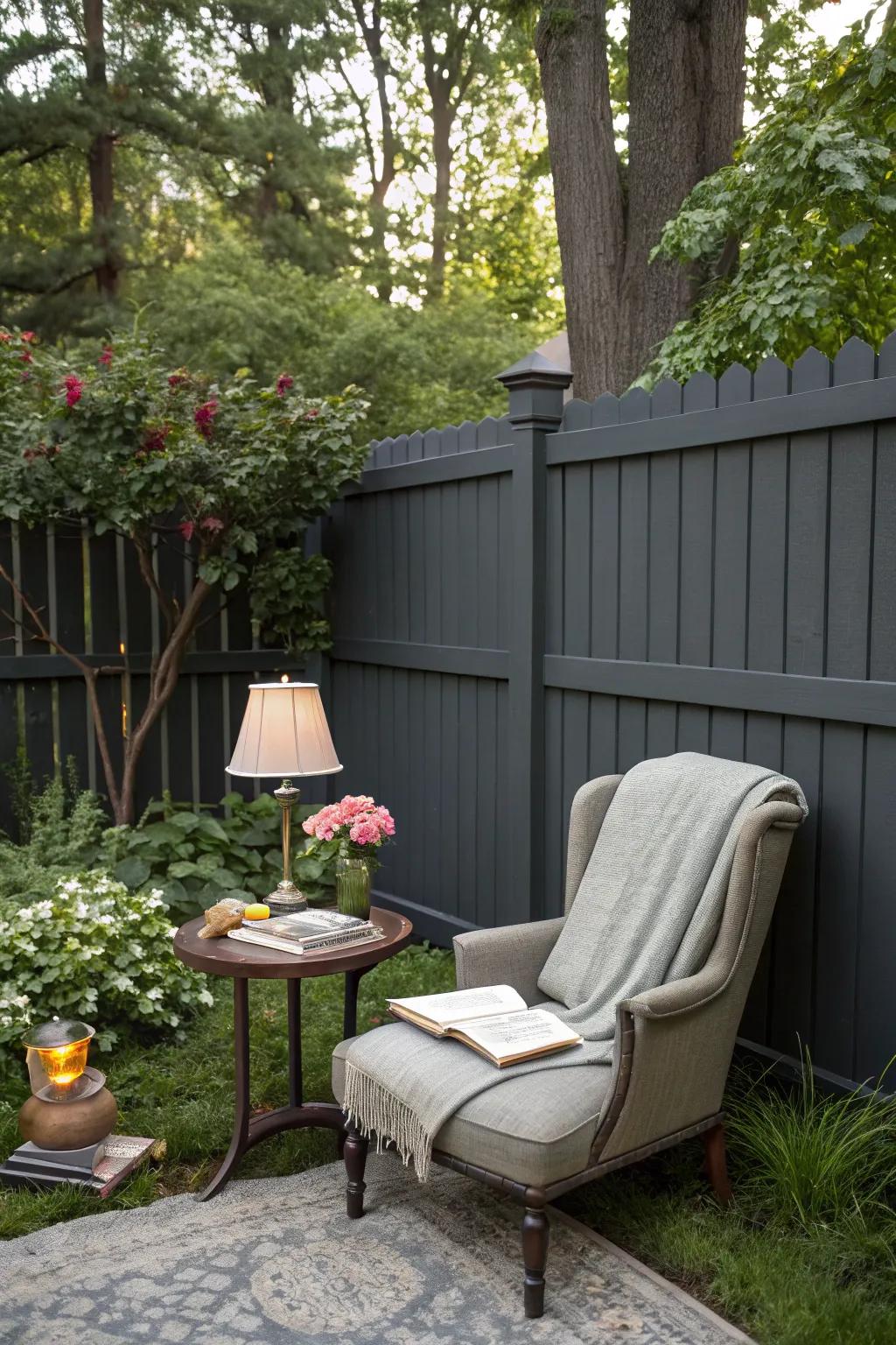 A cozy reading space with a deep charcoal fence as a serene backdrop.
