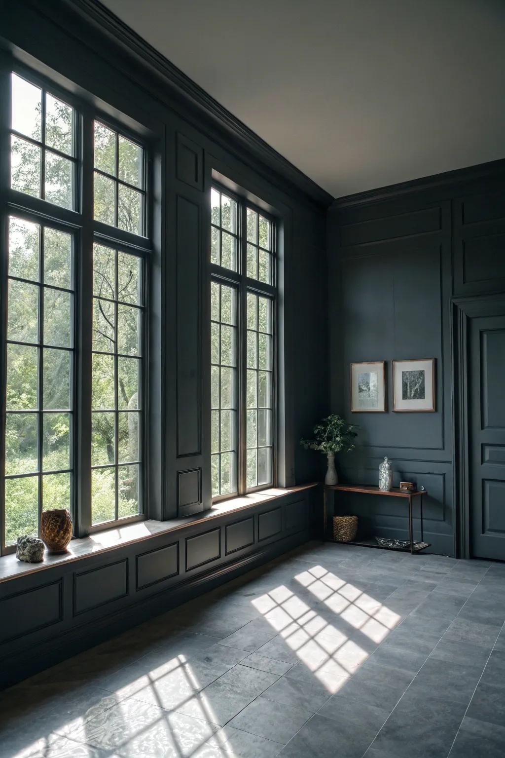Natural light stabilizes the heavy colors within a grey room.