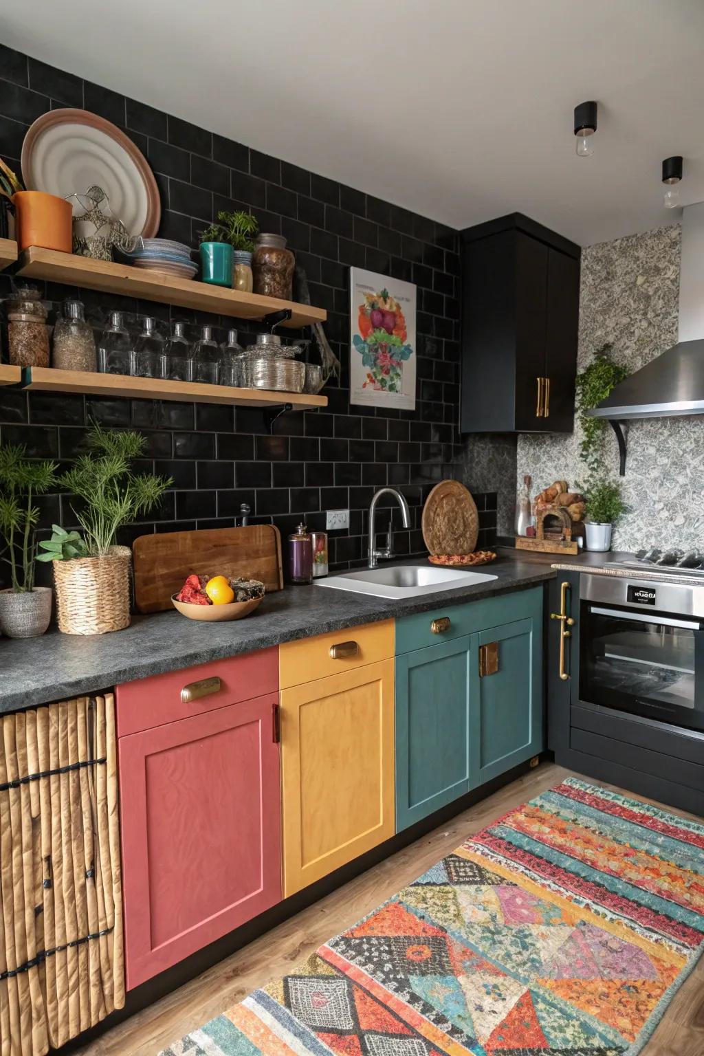 An eclectic kitchen featuring a mixed material dark backsplash for added dimension.