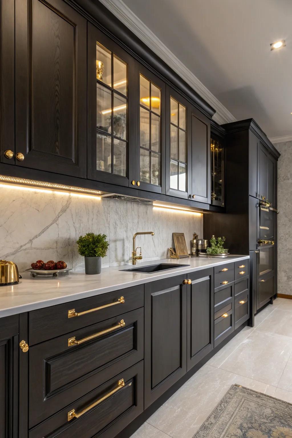 Shimmering aspects amplify the luxuriousness of deep-toned kitchen cabinets.