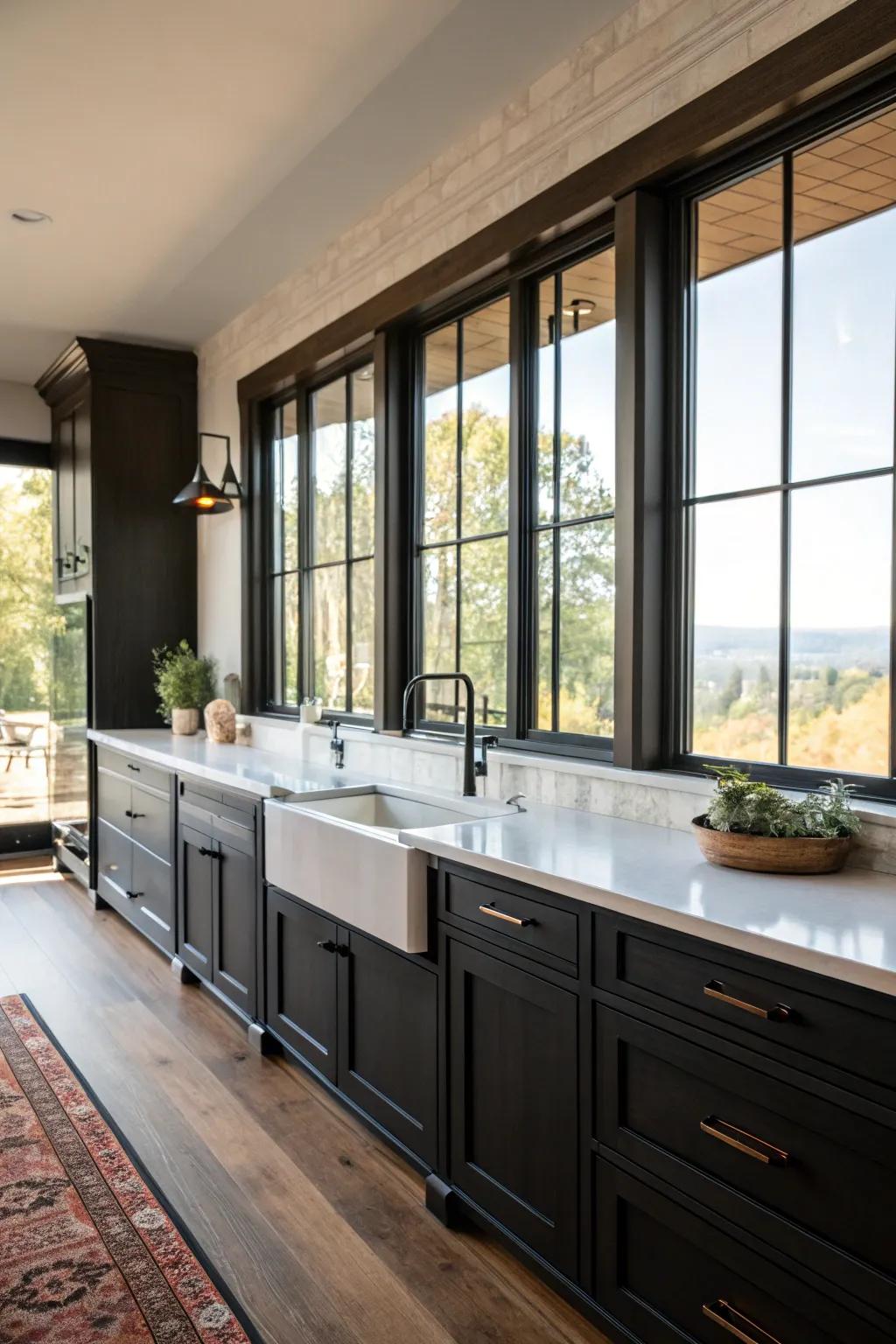 Natural brightness from expansive windows beautifully harmonizes the deep-shaded cabinetry.