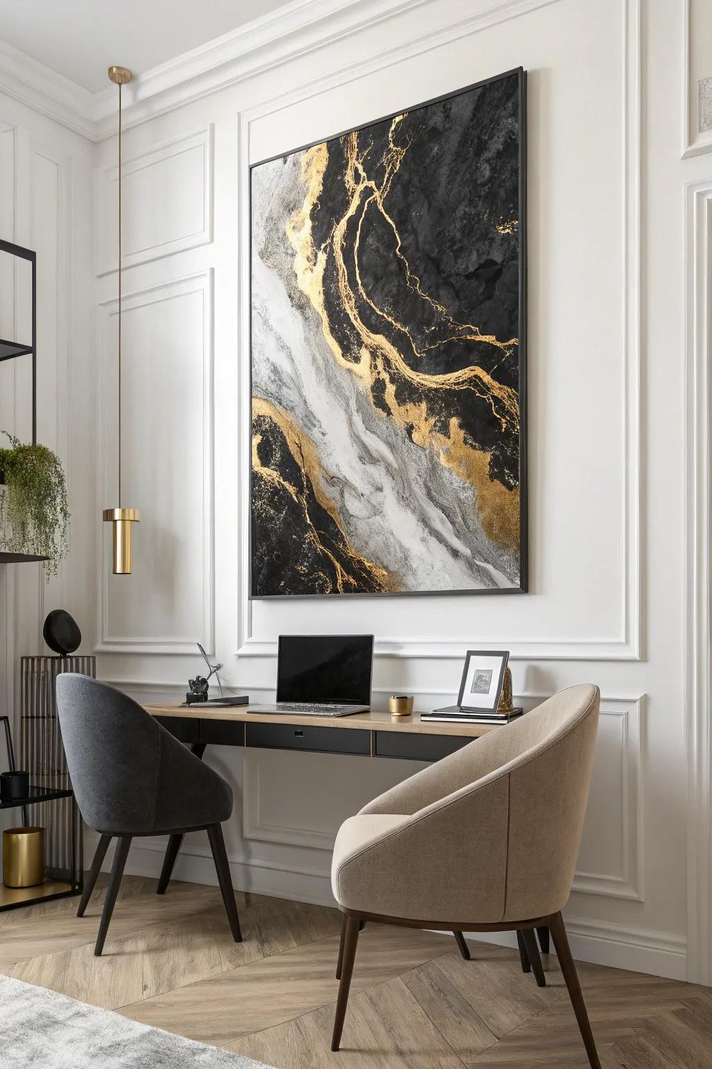 Incorporate luxury via a fluid painting using black and gold