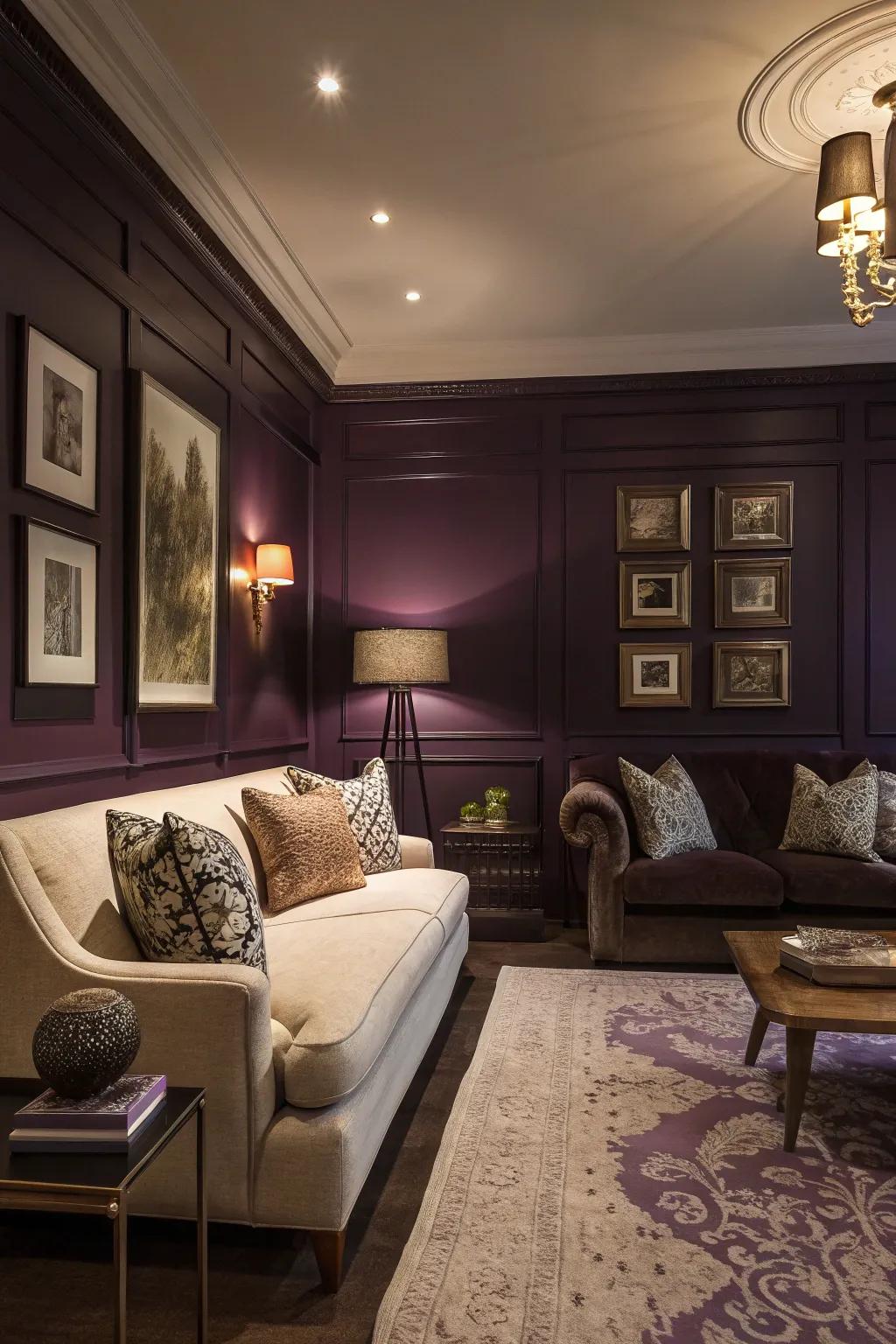 A deep violet spotlight wall injects depth and focus into this fashionable living room.