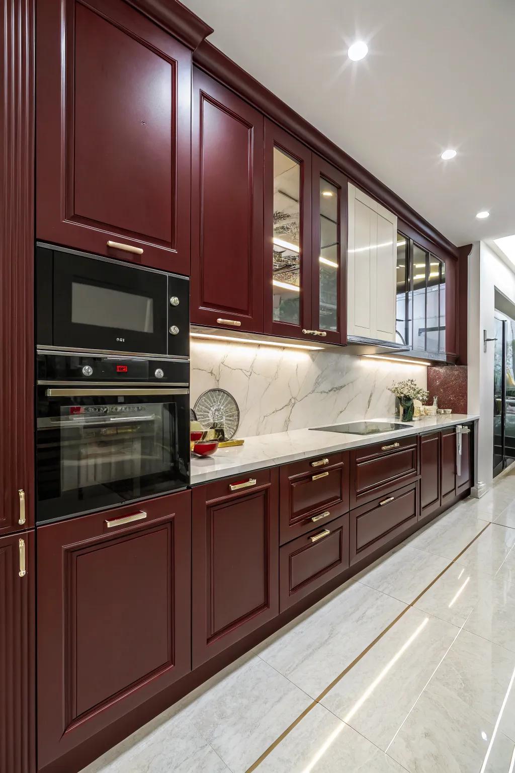 Energetic kitchen featuring a blend of shiny and muted scarlet-toned cabinets.