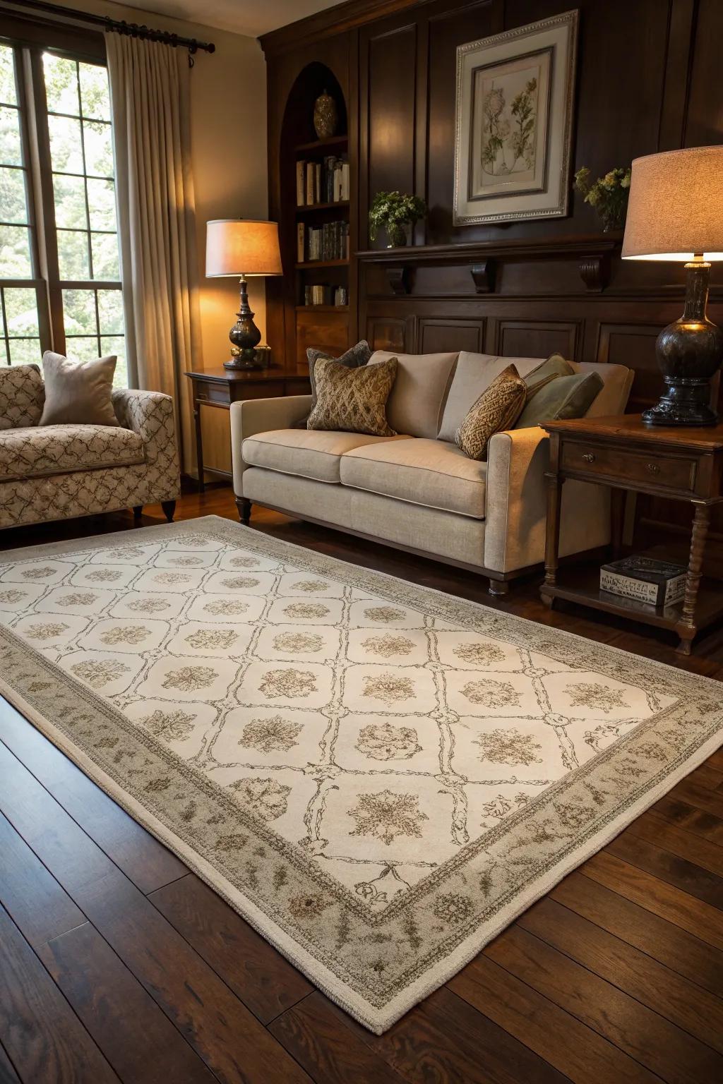 Layered rugs introduce warmth and definition to the deep-toned wood.