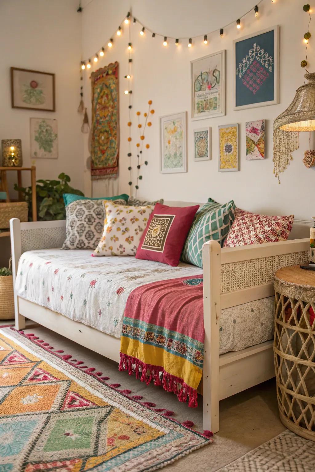 An eclectic mix of designs and colors with a daybed