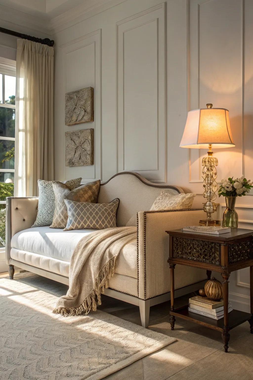 Coordinating furnishings enhance the utility of the daybed.